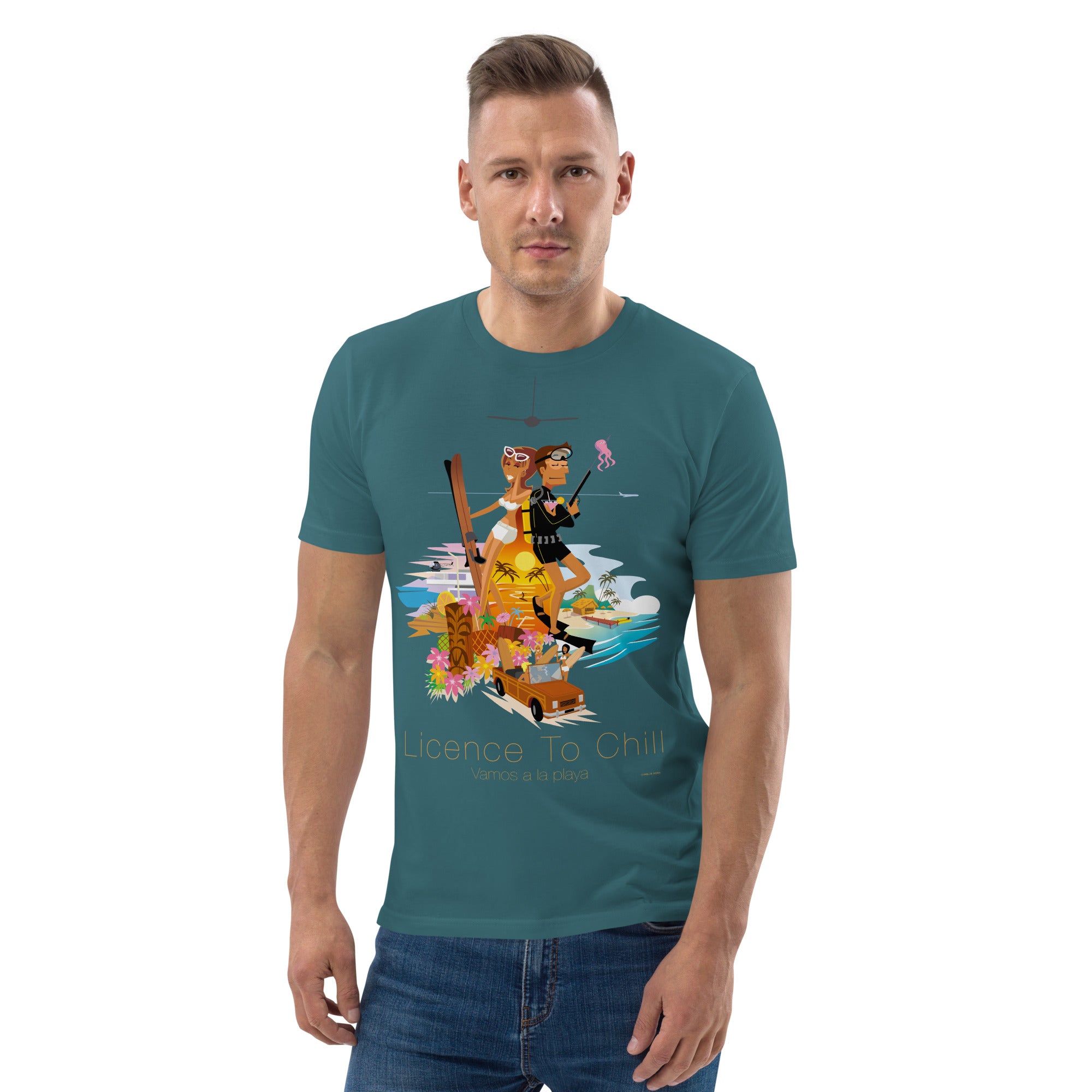 Unisex organic cotton t-shirt License To Chill Vamos a la Playa on dark colors