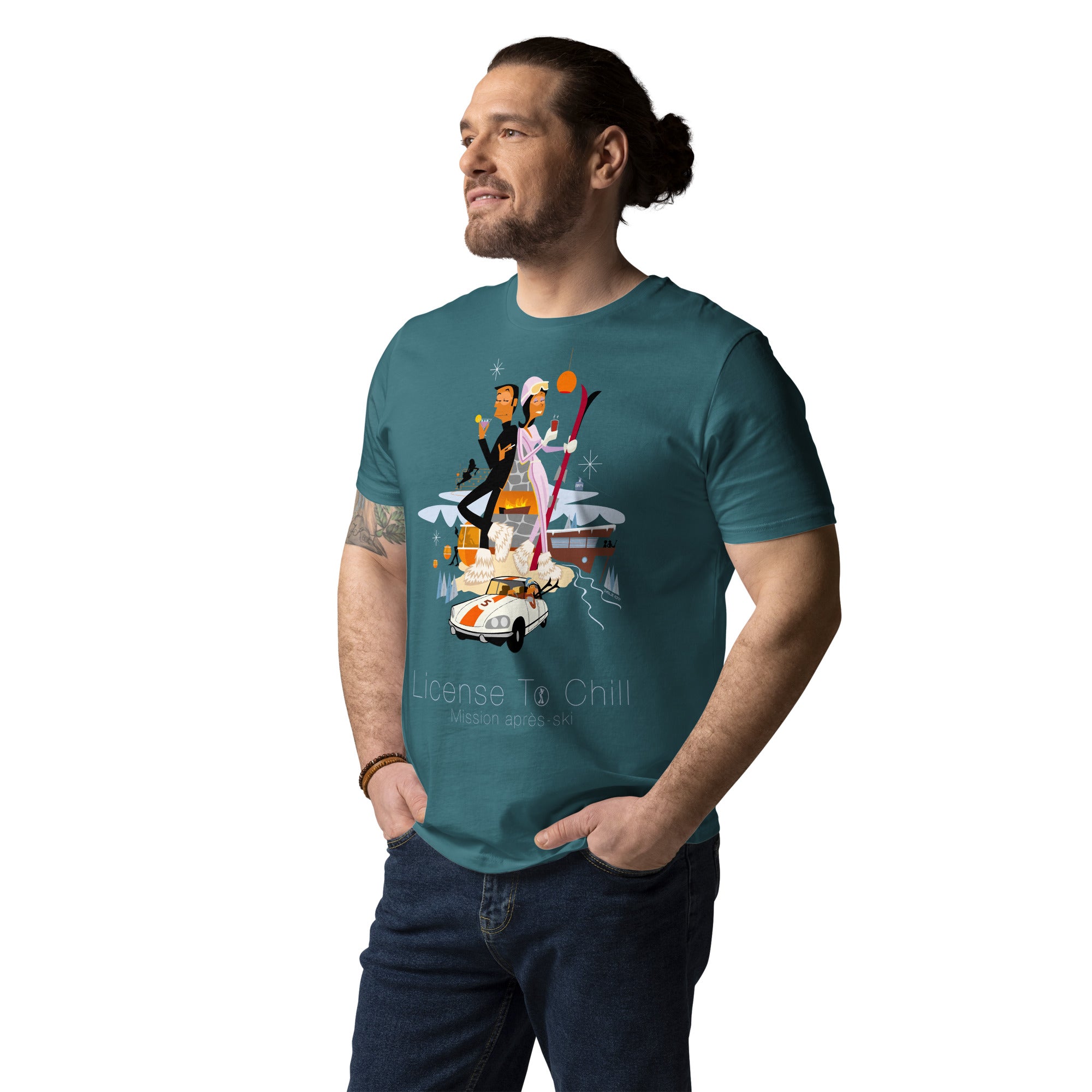 T-shirt unisexe en coton biologique License To Chill Mission Après-Ski sur couleurs foncées