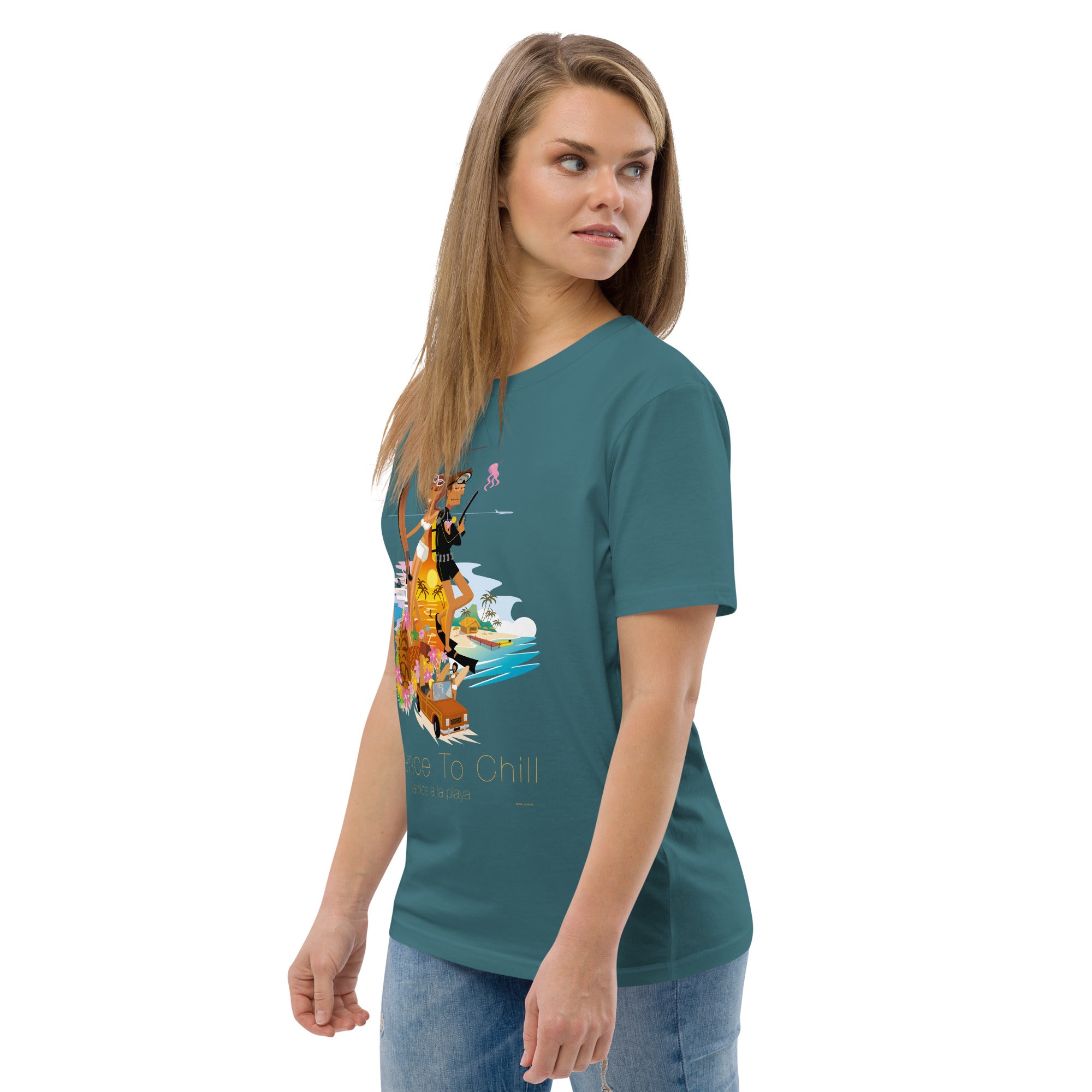Unisex organic cotton t-shirt License To Chill Vamos a la Playa on dark colors