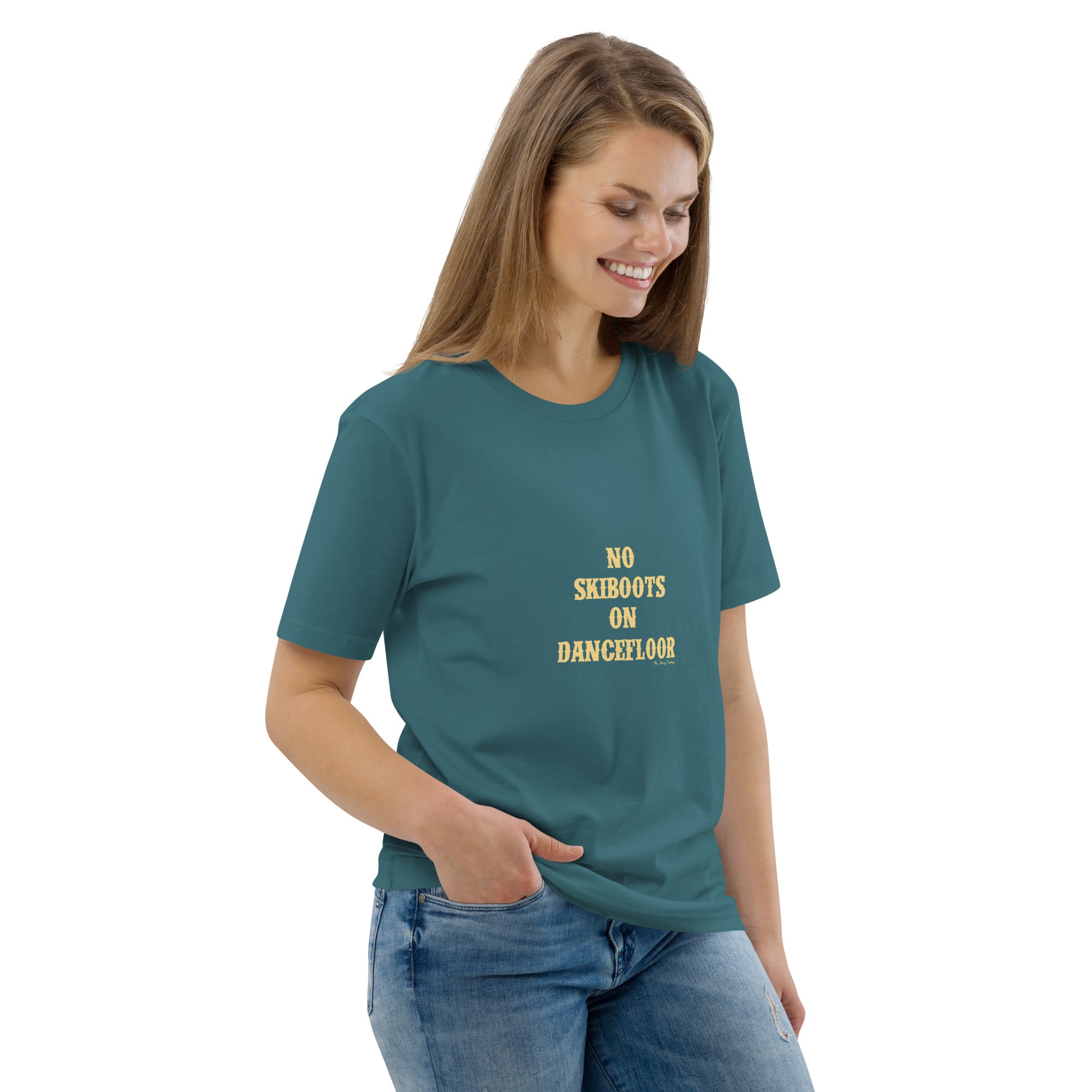 T-shirt unisexe en coton biologique No Skiboots on Dancefloor texte clair