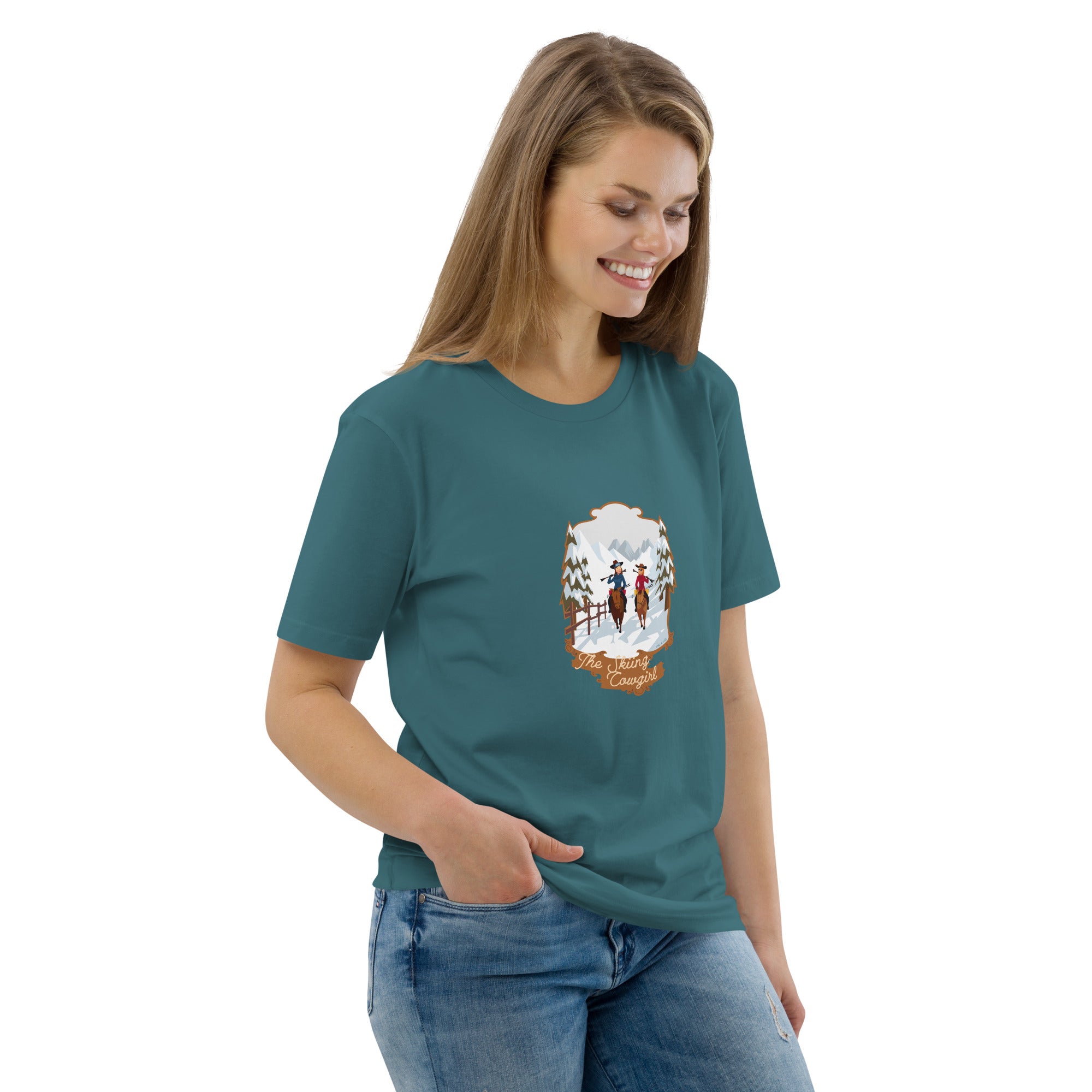 T-shirt unisexe en coton biologique The Skiing Cowgirl sur couleurs foncées