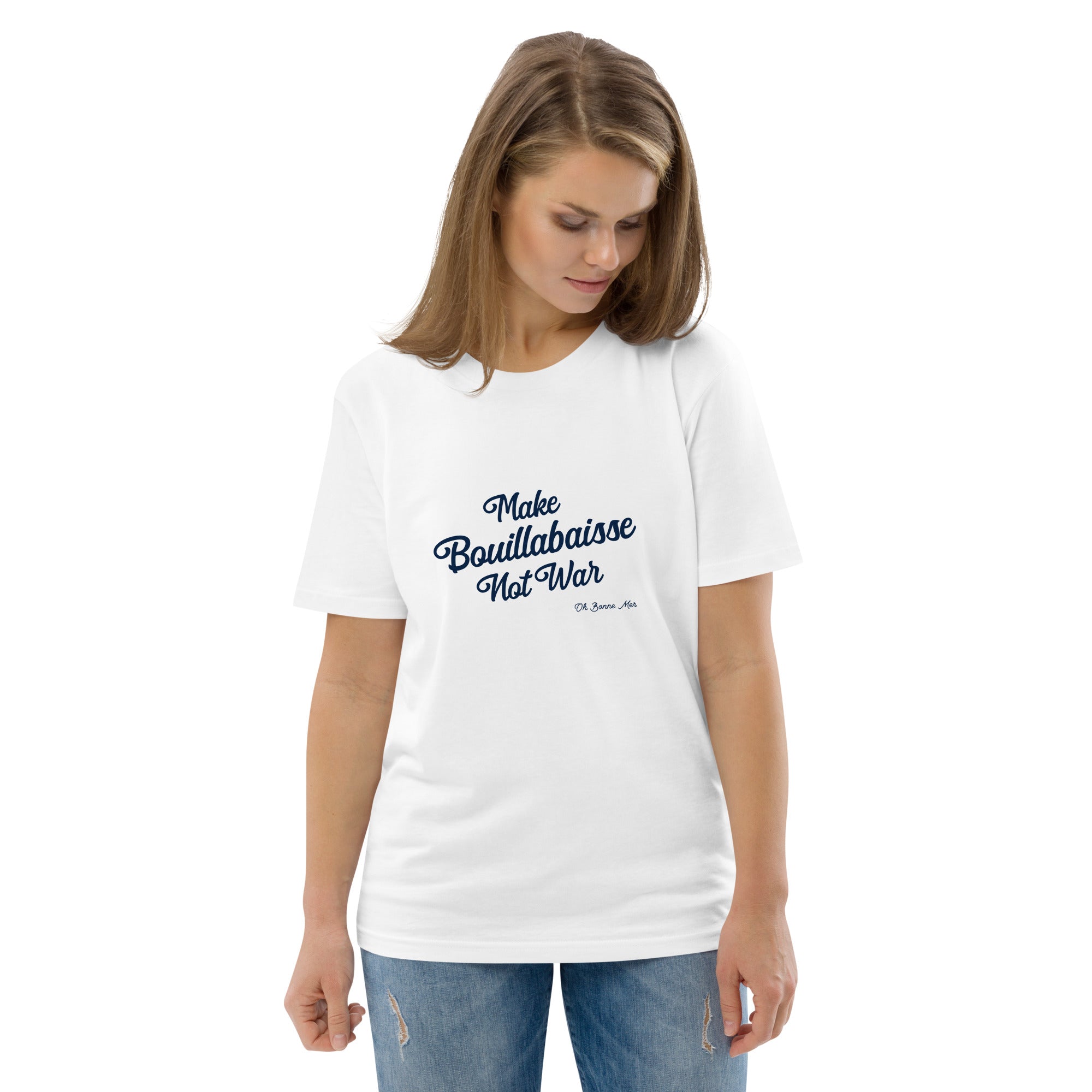 T-shirt unisexe en coton biologique Make Bouillabaisse Not War Navy sur couleurs claires