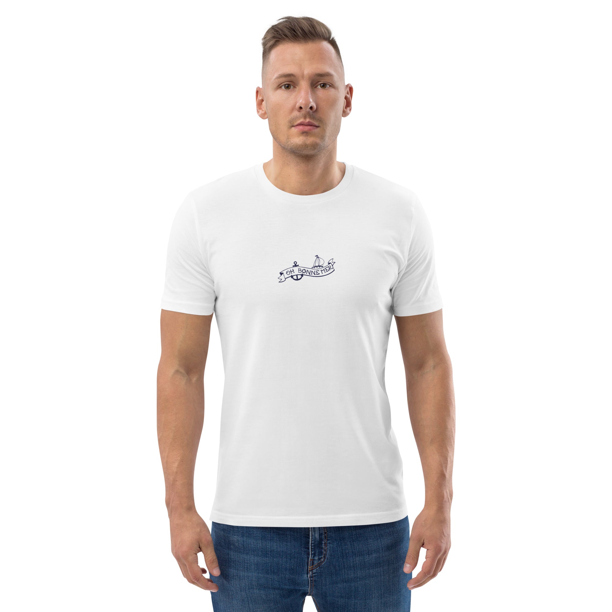 T-shirt unisexe en coton biologique Oh Bonne Mer Tattoo navy brodé sur couleurs claires