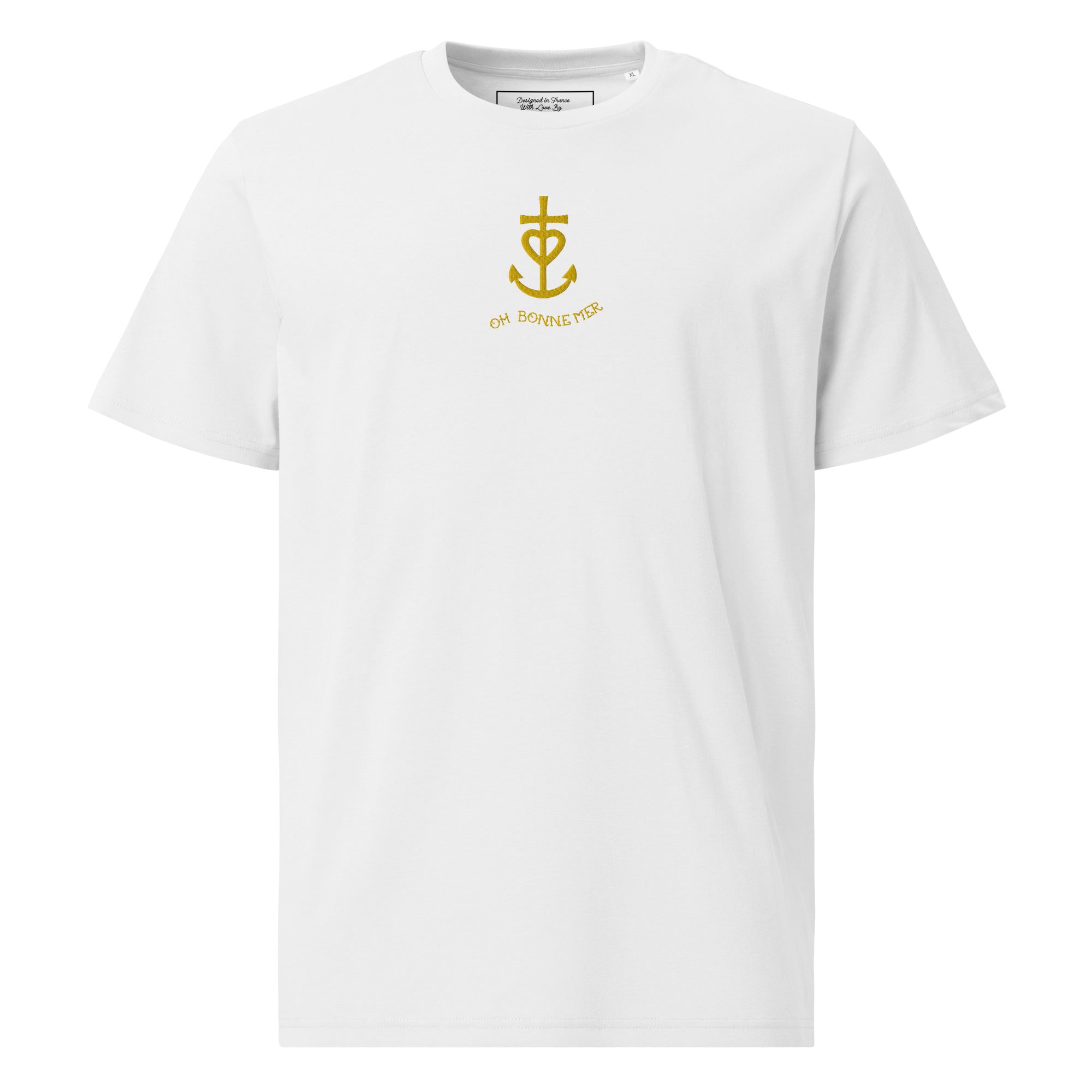 T-shirt unisexe en coton biologique Croix de Camargue dorée Oh Bonne mer brodé sur couleurs claires