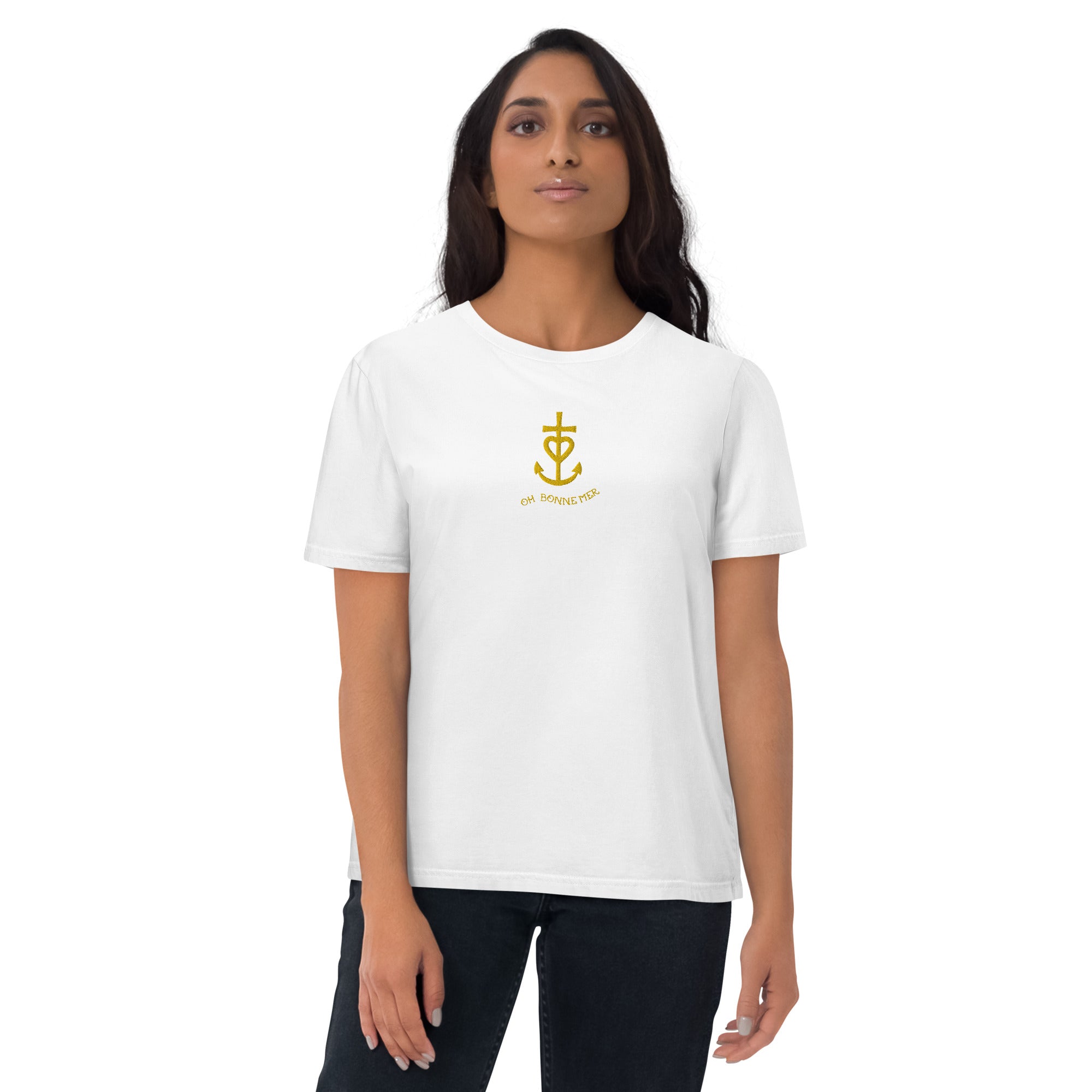 T-shirt unisexe en coton biologique Croix de Camargue dorée Oh Bonne mer brodé sur couleurs claires