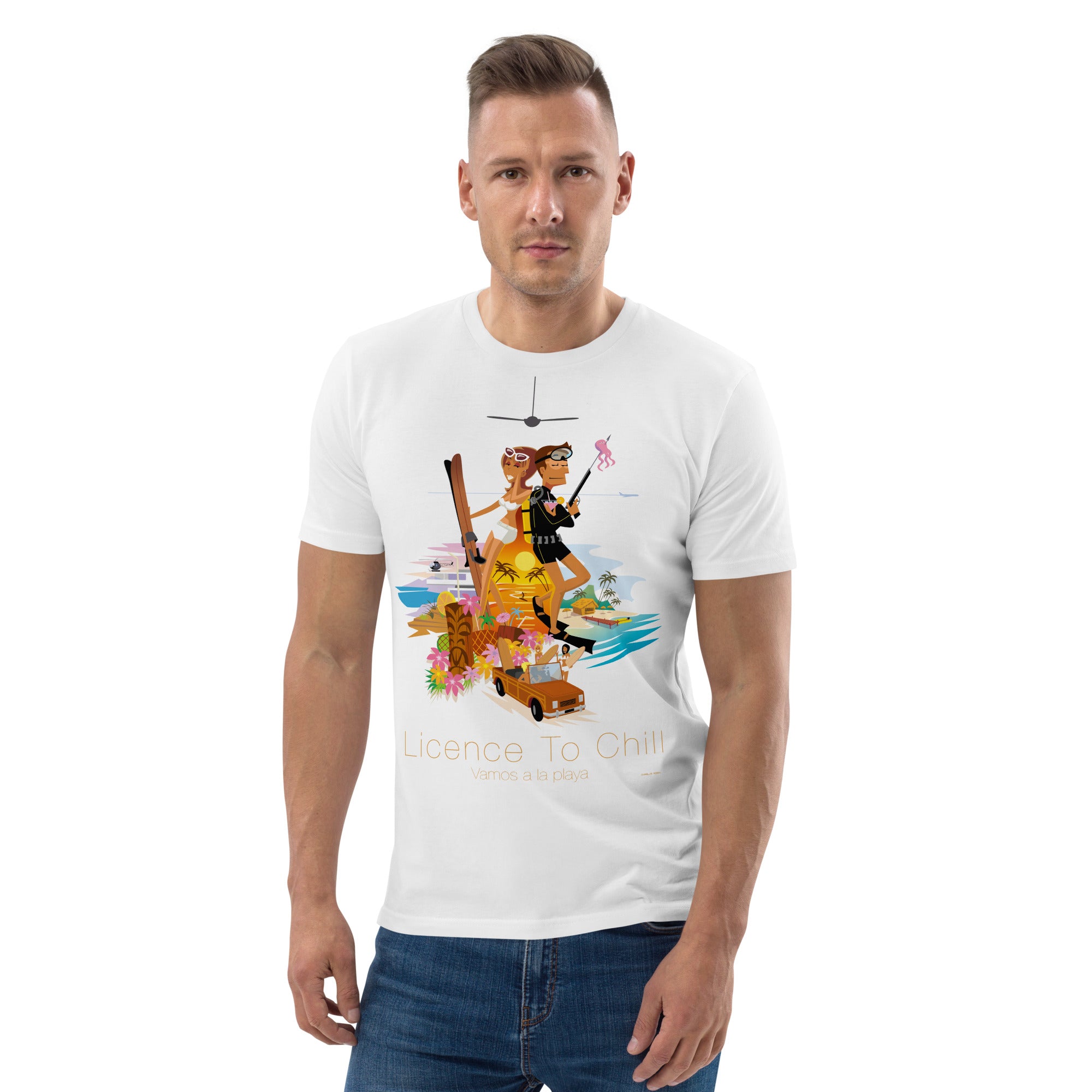 Unisex organic cotton t-shirt License To Chill Vamos a la Playa on light colors