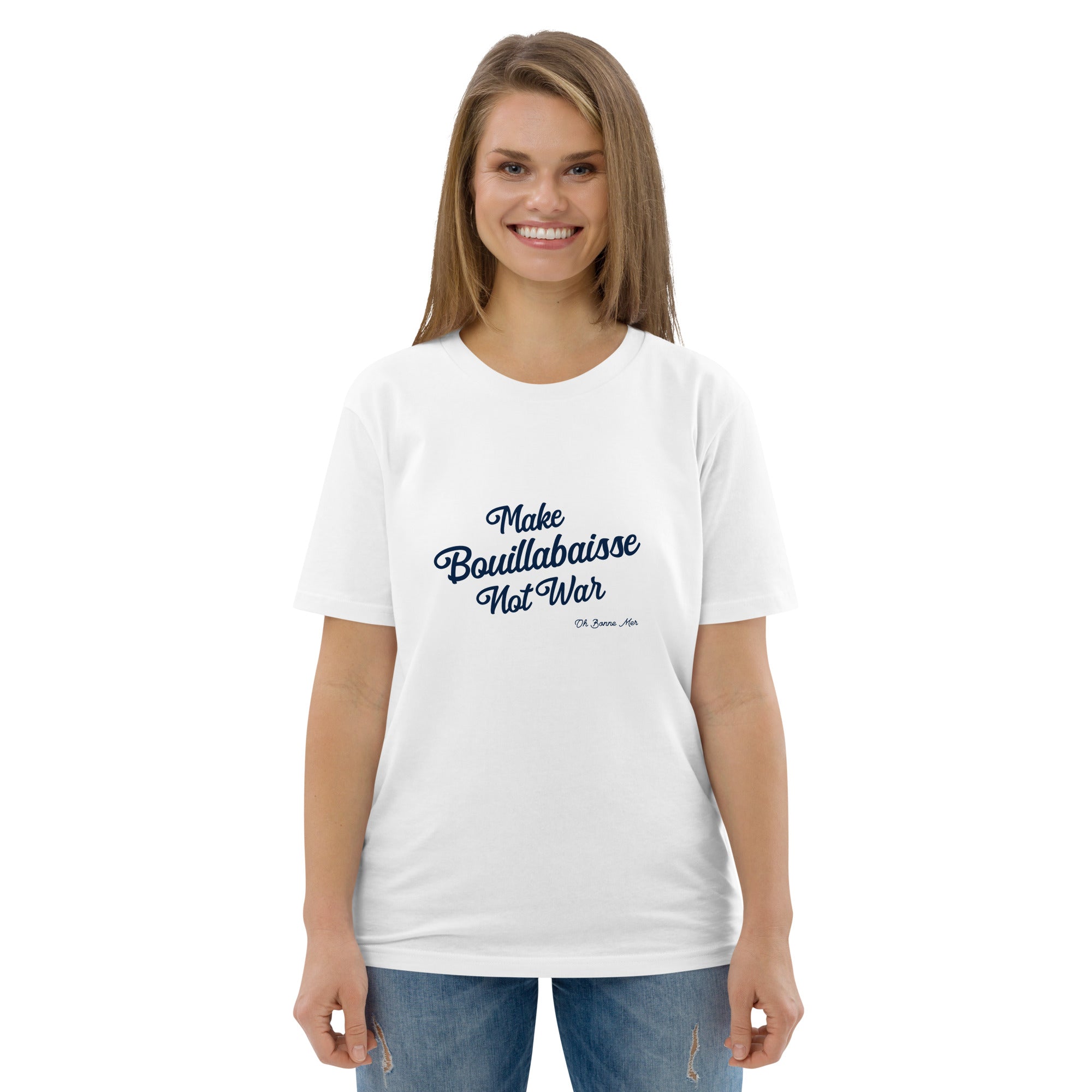 T-shirt unisexe en coton biologique Make Bouillabaisse Not War Navy sur couleurs claires