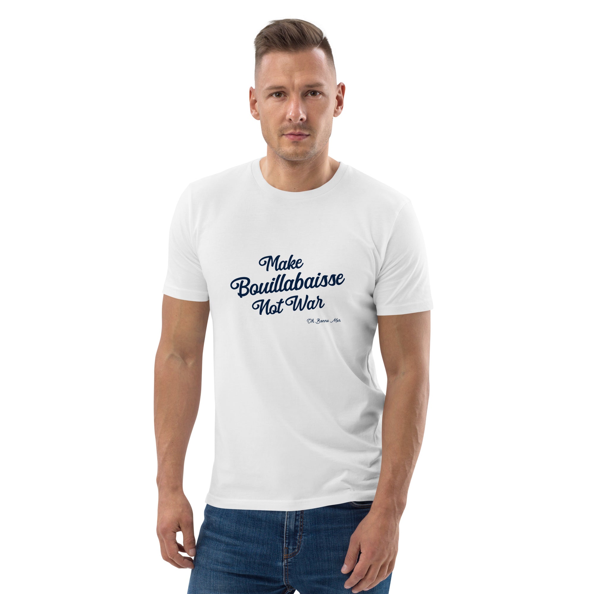 T-shirt unisexe en coton biologique Make Bouillabaisse Not War Navy sur couleurs claires