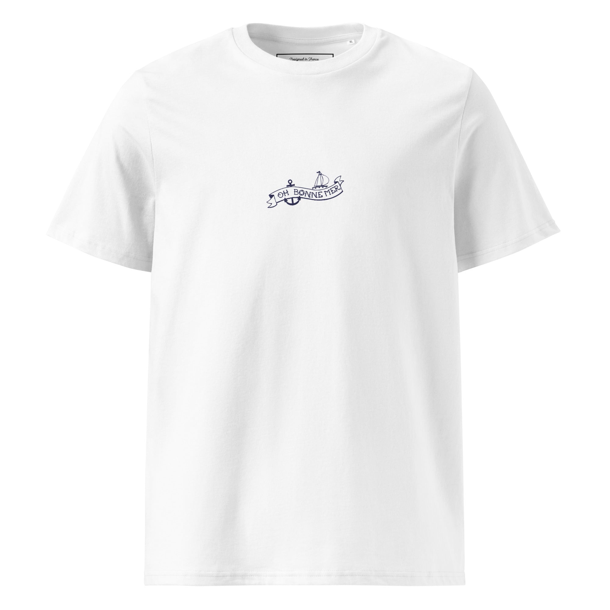 T-shirt unisexe en coton biologique Oh Bonne Mer Tattoo navy brodé sur couleurs claires