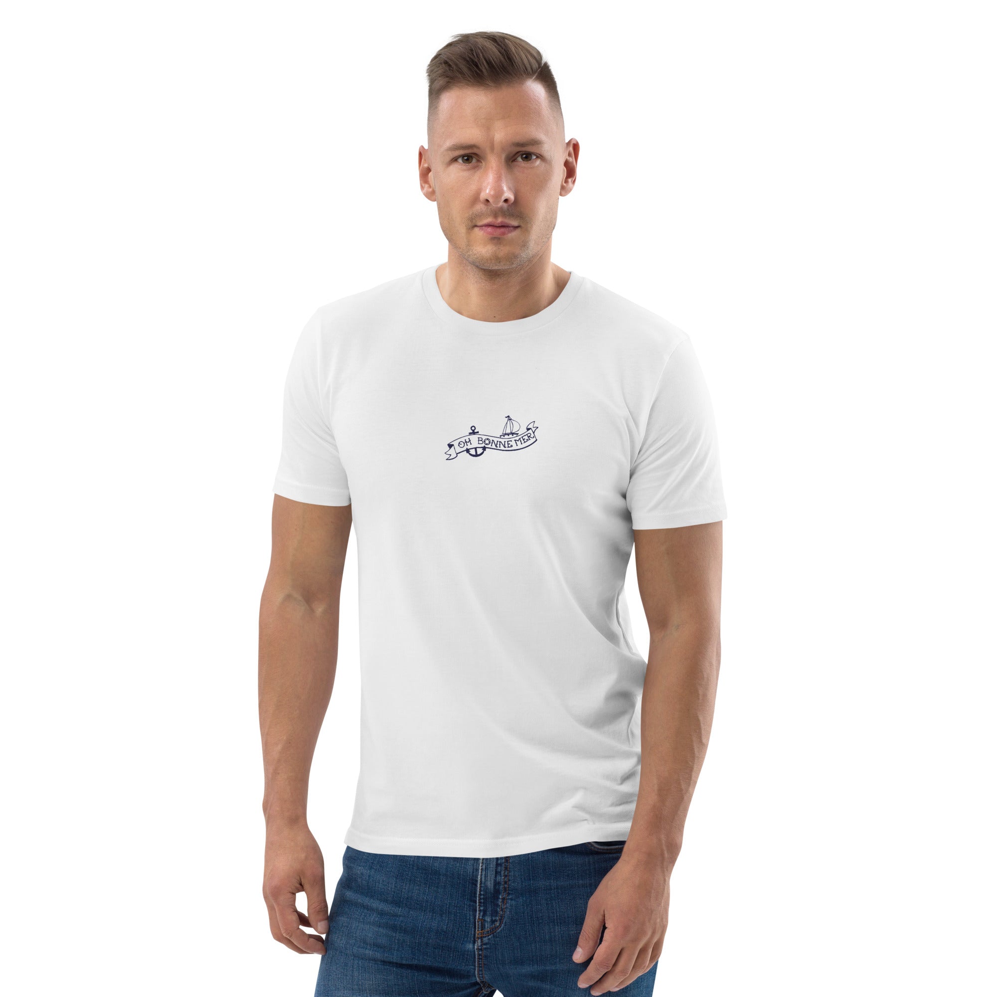 T-shirt unisexe en coton biologique Oh Bonne Mer Tattoo navy brodé sur couleurs claires