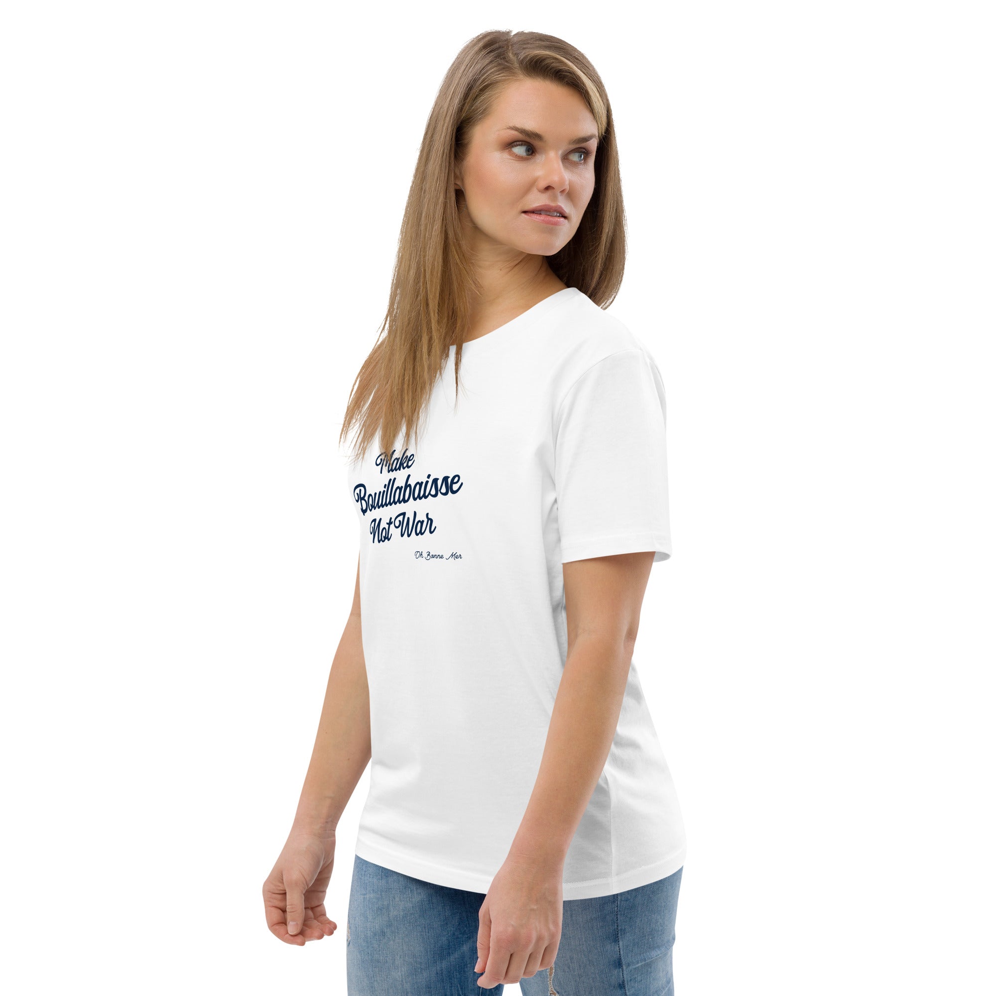T-shirt unisexe en coton biologique Make Bouillabaisse Not War Navy sur couleurs claires