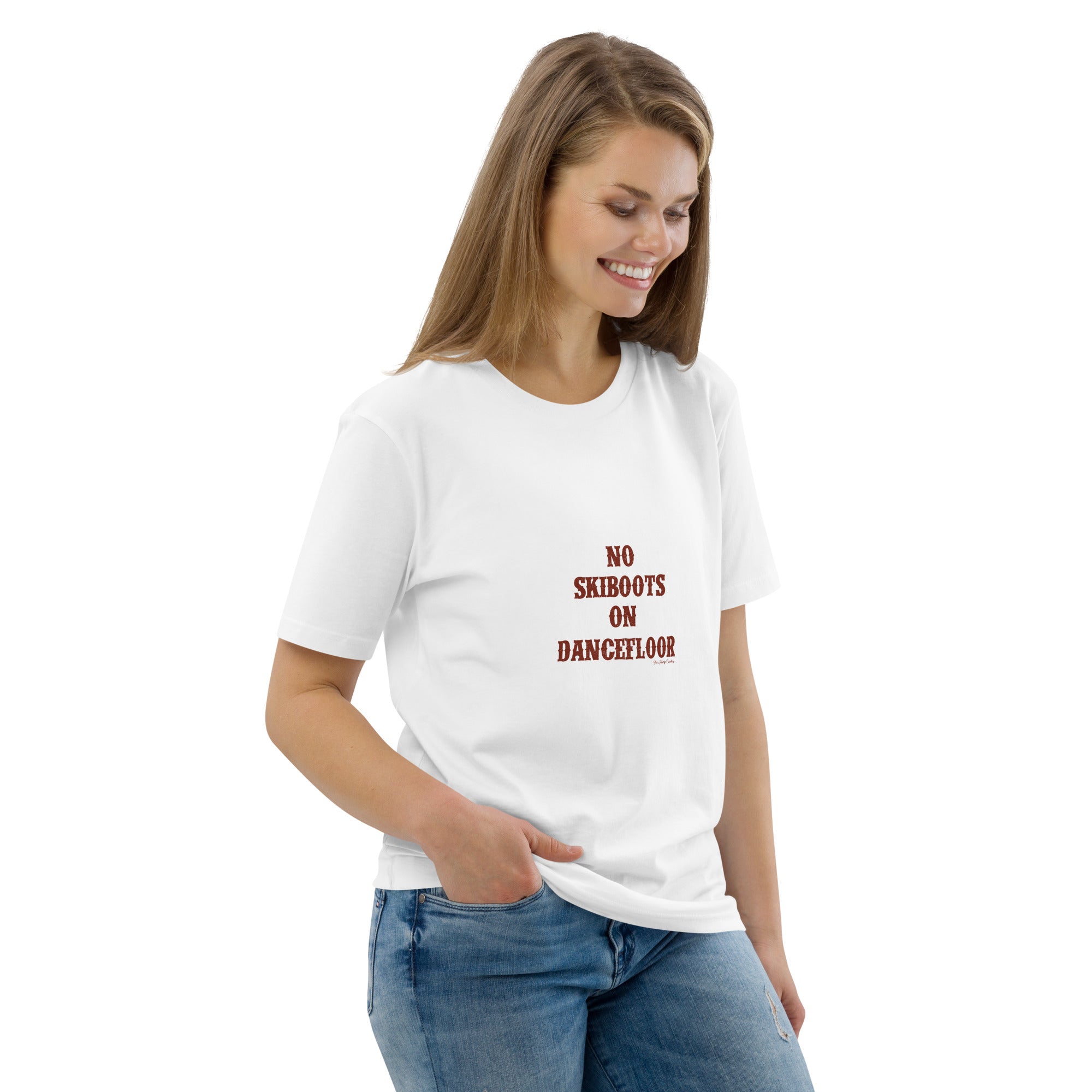 T-shirt unisexe en coton biologique No Skiboots on Dancefloor texte foncé