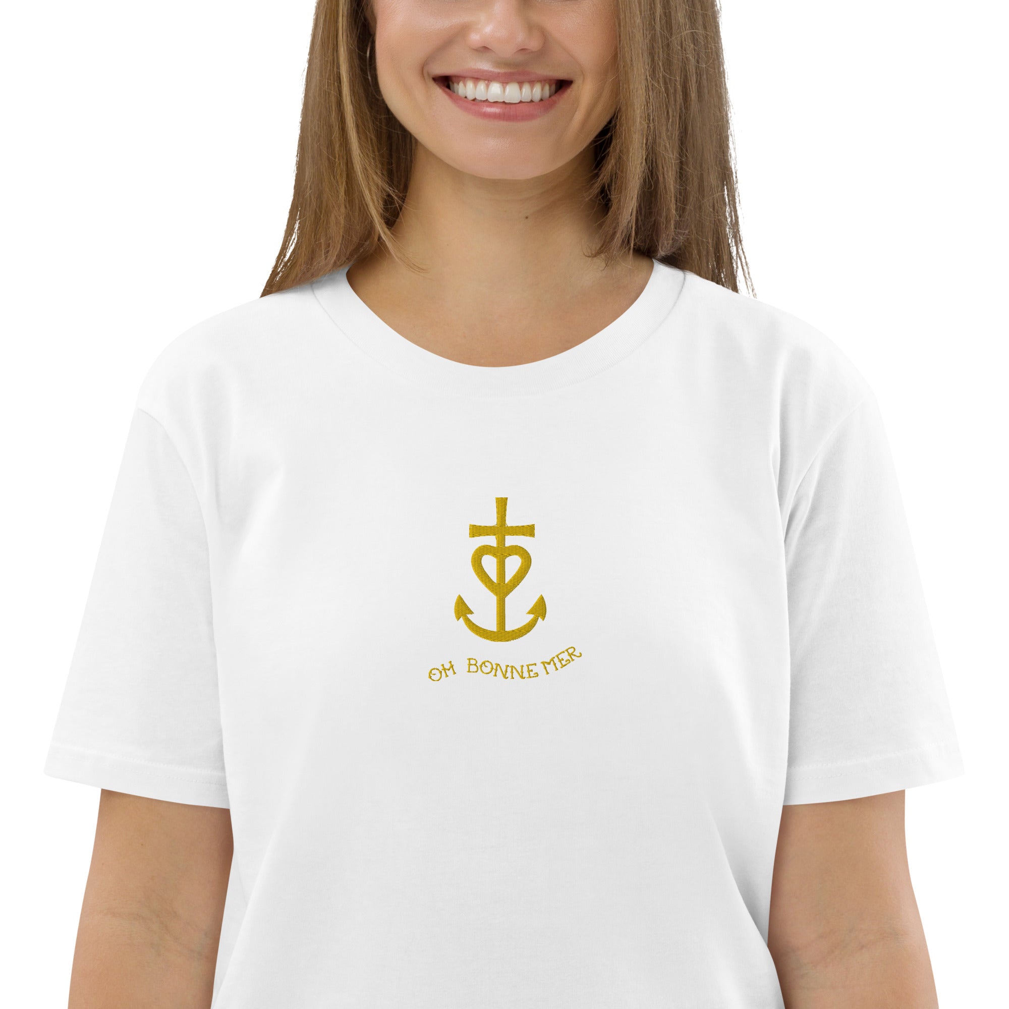 T-shirt unisexe en coton biologique Croix de Camargue dorée Oh Bonne mer brodé sur couleurs claires
