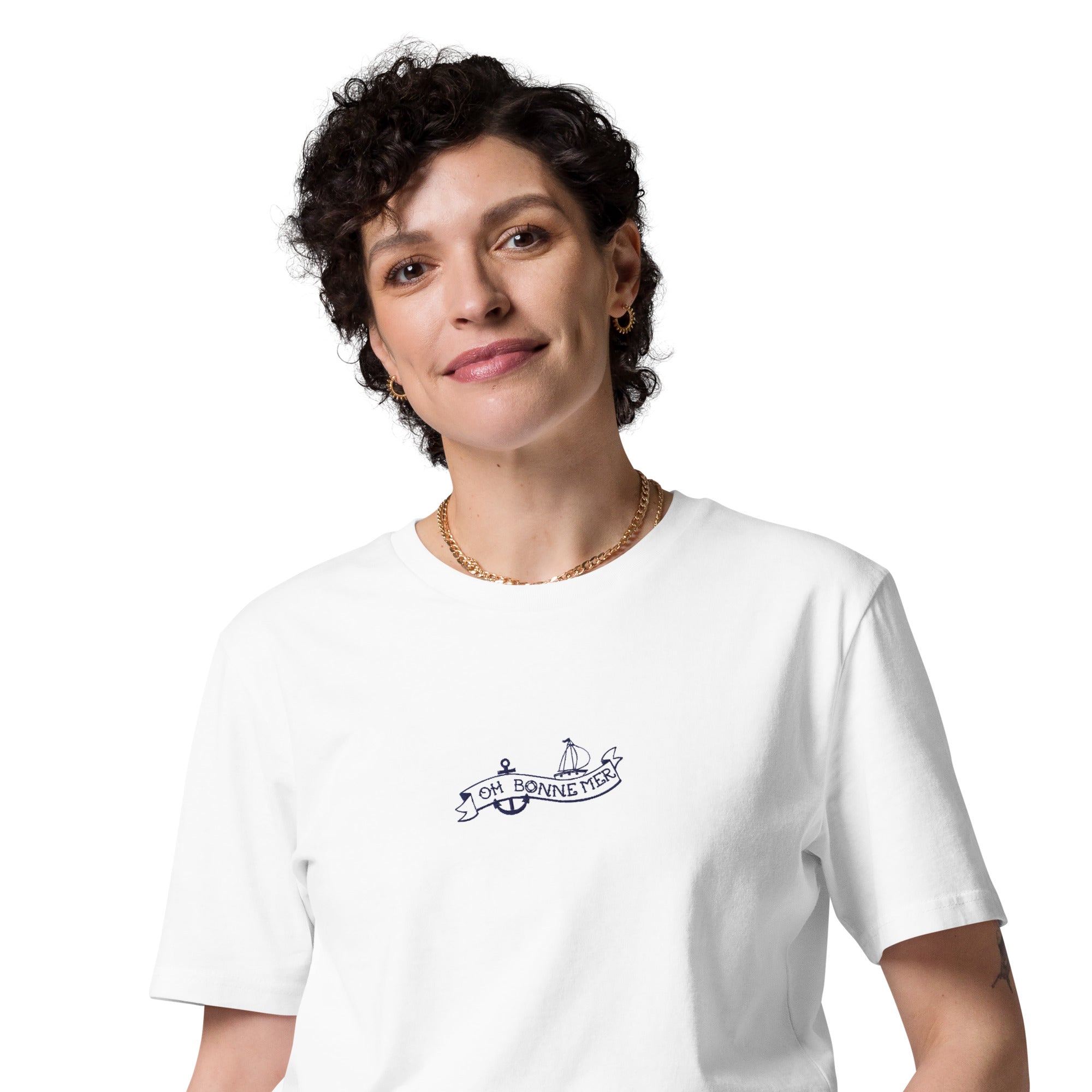 T-shirt unisexe en coton biologique Oh Bonne Mer Tattoo navy brodé sur couleurs claires