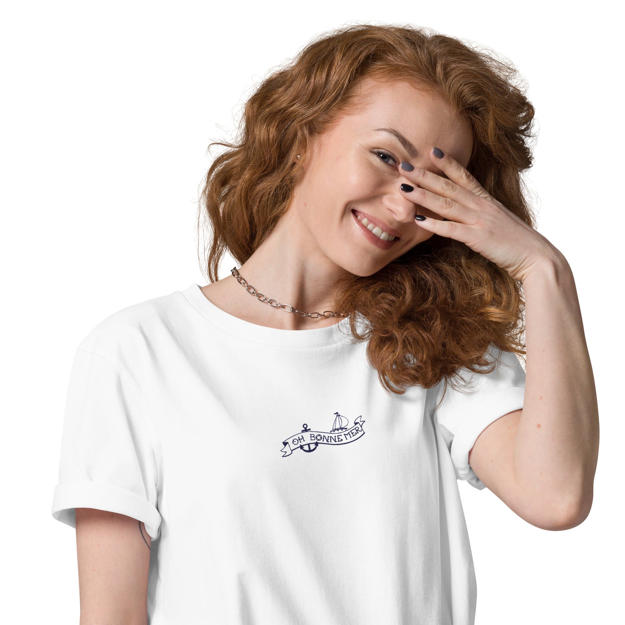 T-shirt unisexe en coton biologique Oh Bonne Mer Tattoo navy brodé sur couleurs claires