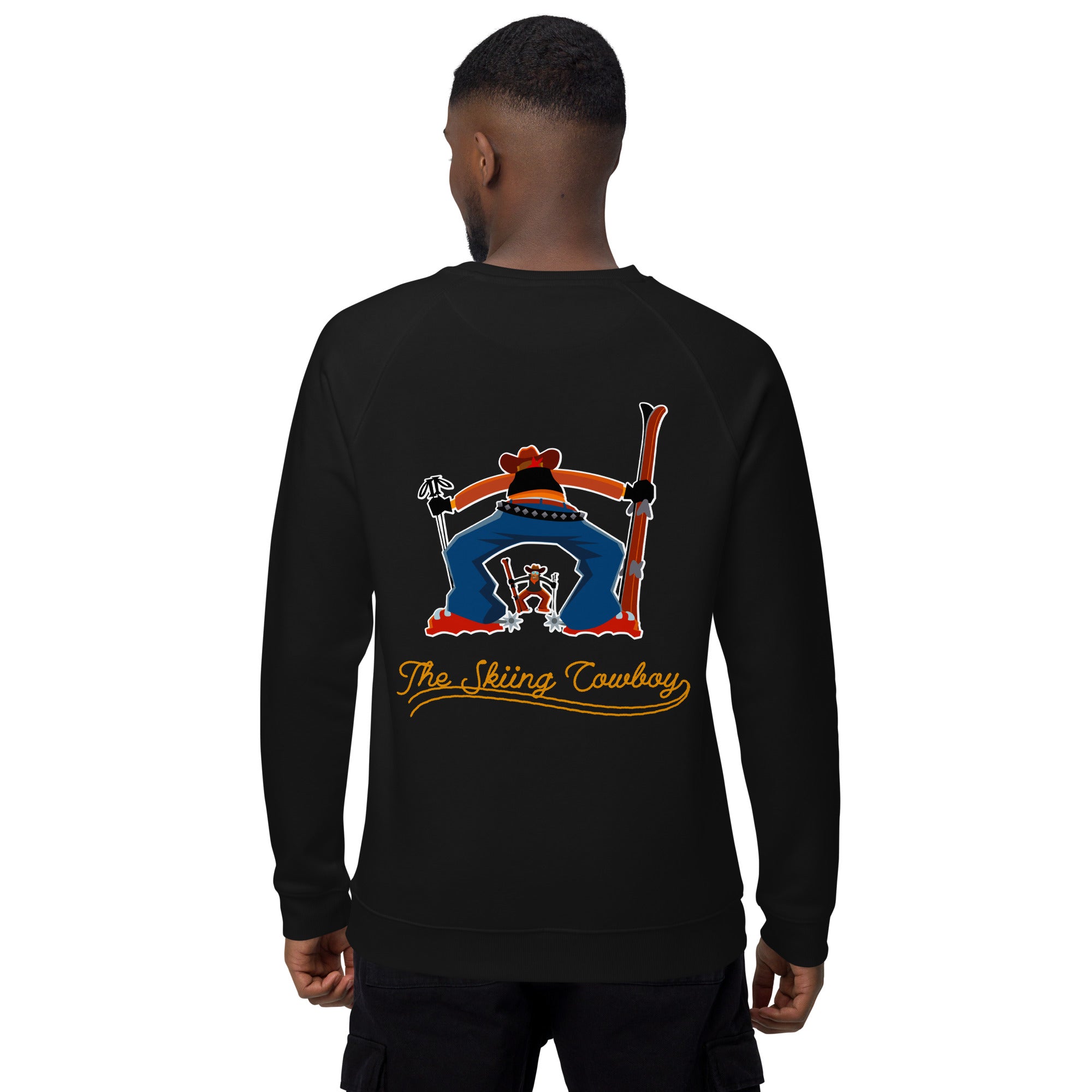 Sweatshirt écologique raglan unisexe Skiing Cowboy grand motif brodé & Ski Fight at OK Corral Outline (dos)