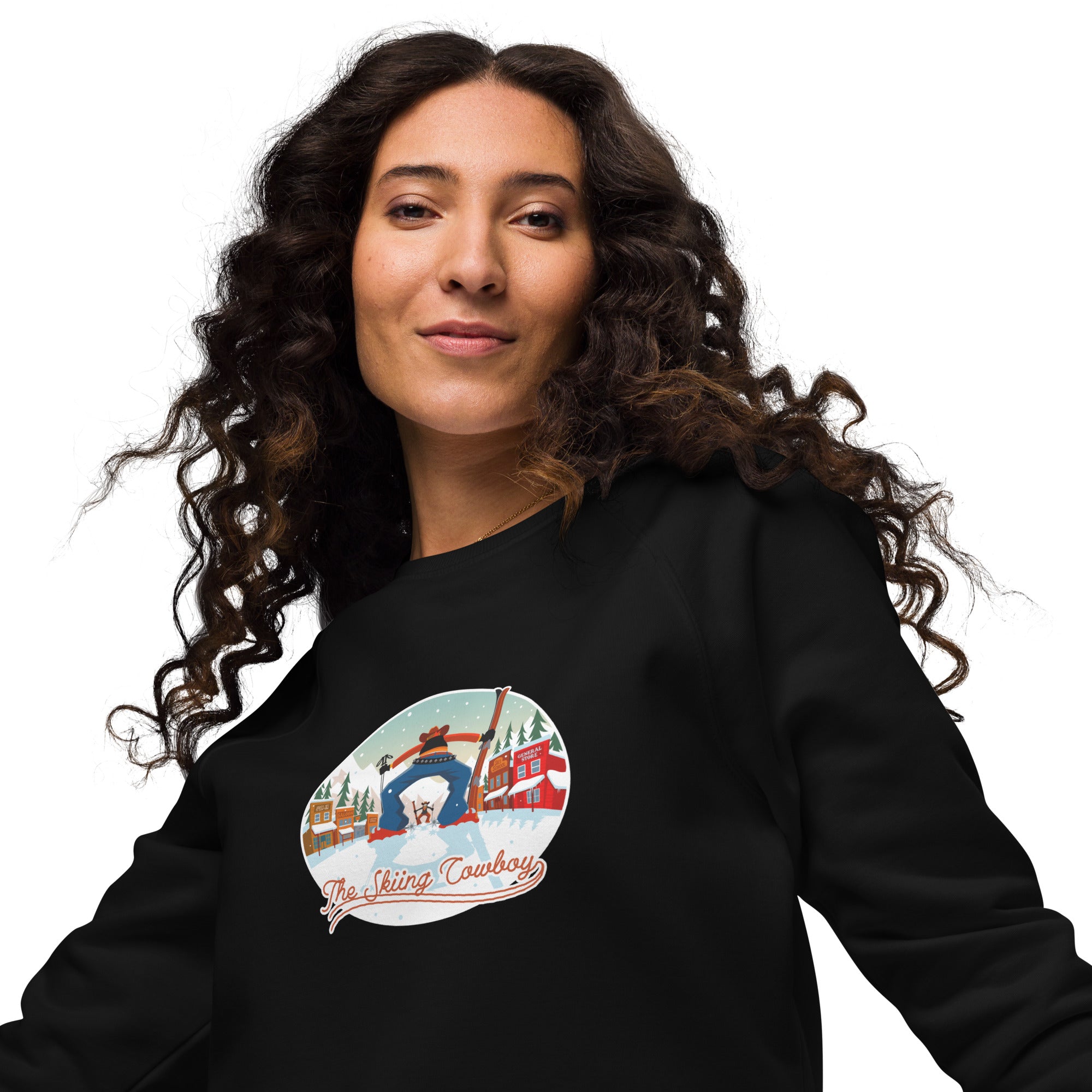 Sweatshirt écologique raglan unisexe Ski Fight at OK Corral (face & dos)