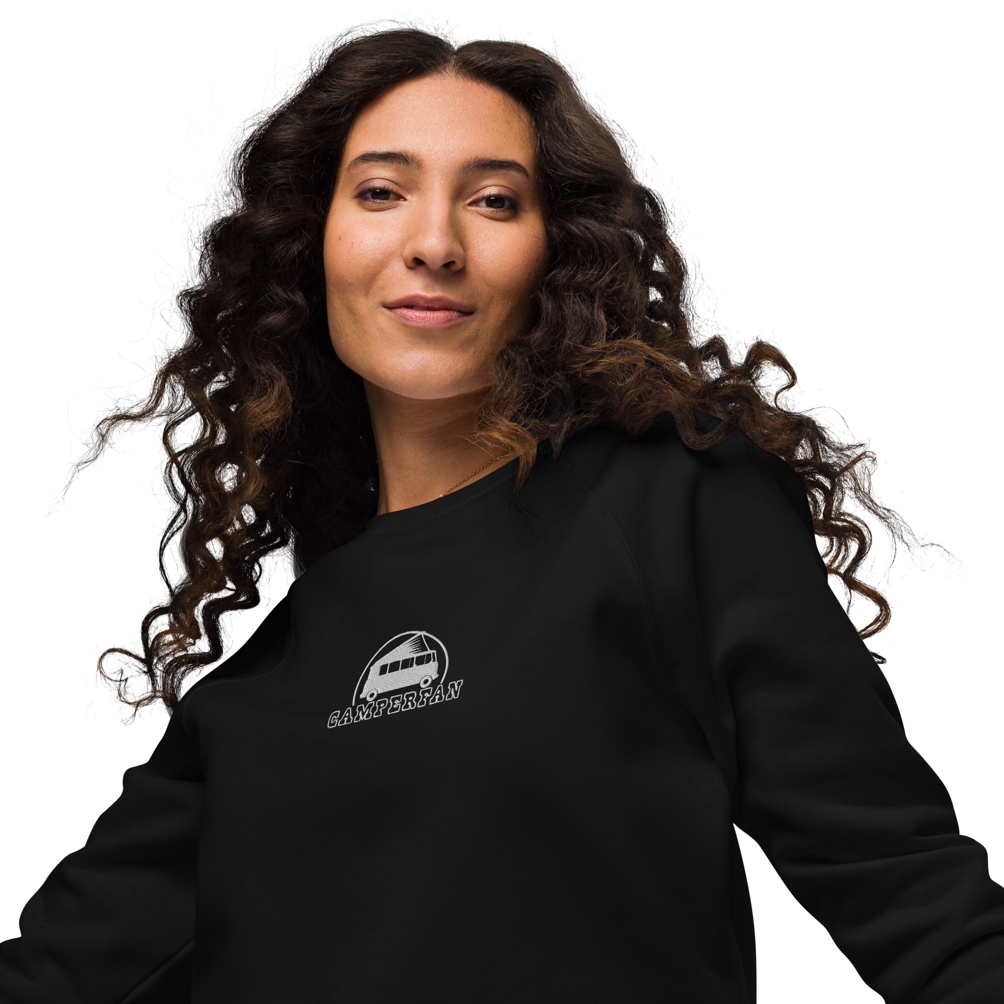 Unisex organic raglan sweatshirt Small Camperfan white embroidered pattern
