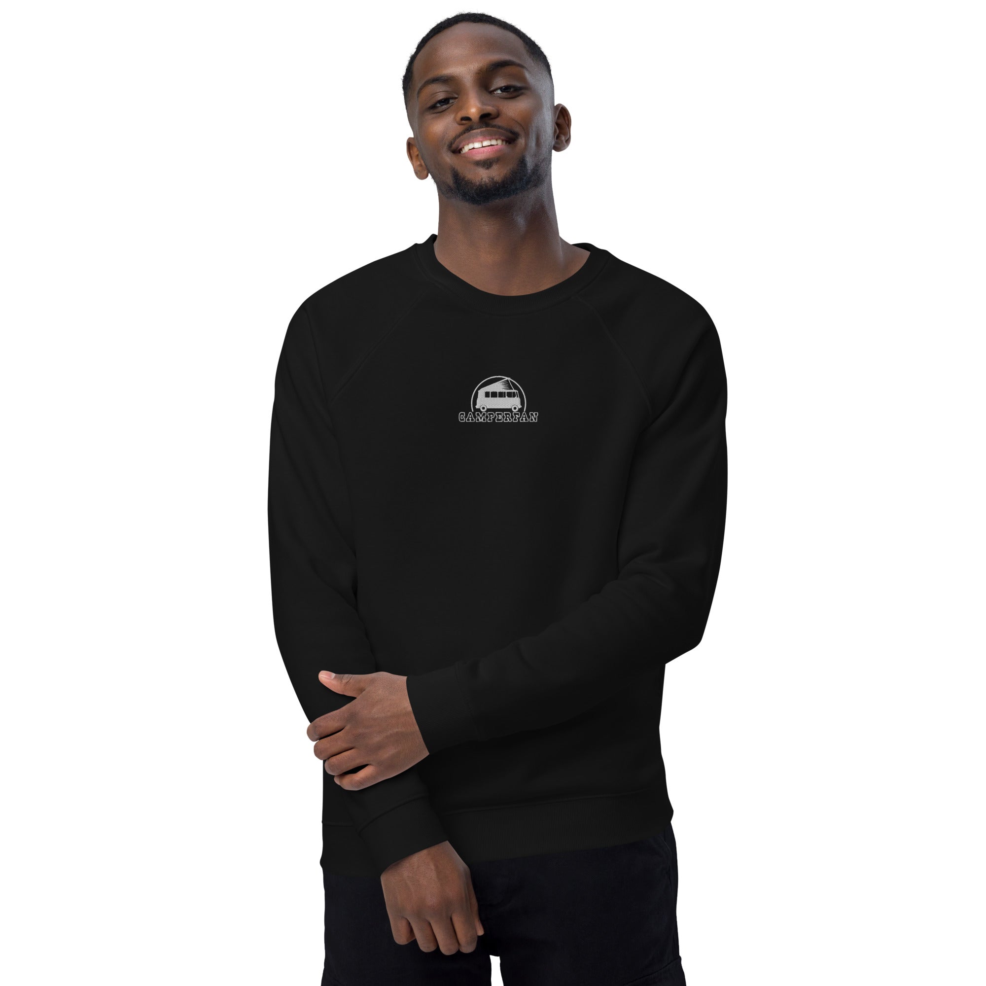 Unisex organic raglan sweatshirt Small Camperfan white embroidered pattern