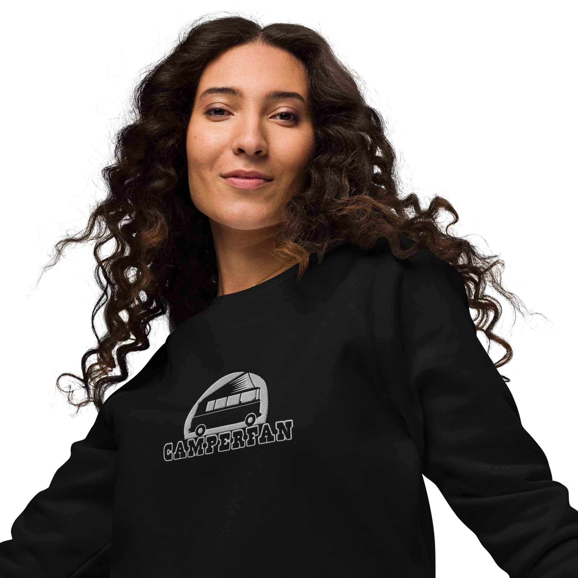 Unisex organic raglan sweatshirt Small Camperfan large black/white embroidered pattern