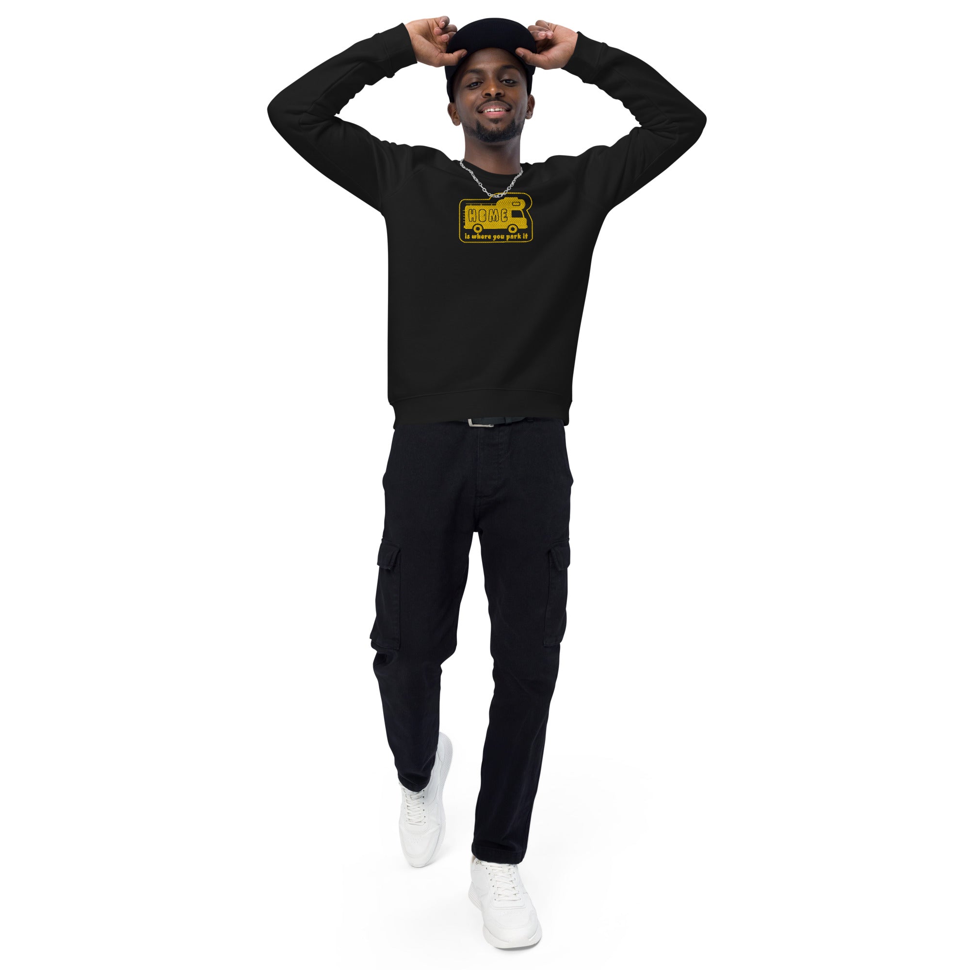 Unisex organic raglan sweatshirt Bold Camper Van Home is where you park it large gold embroidered pattern