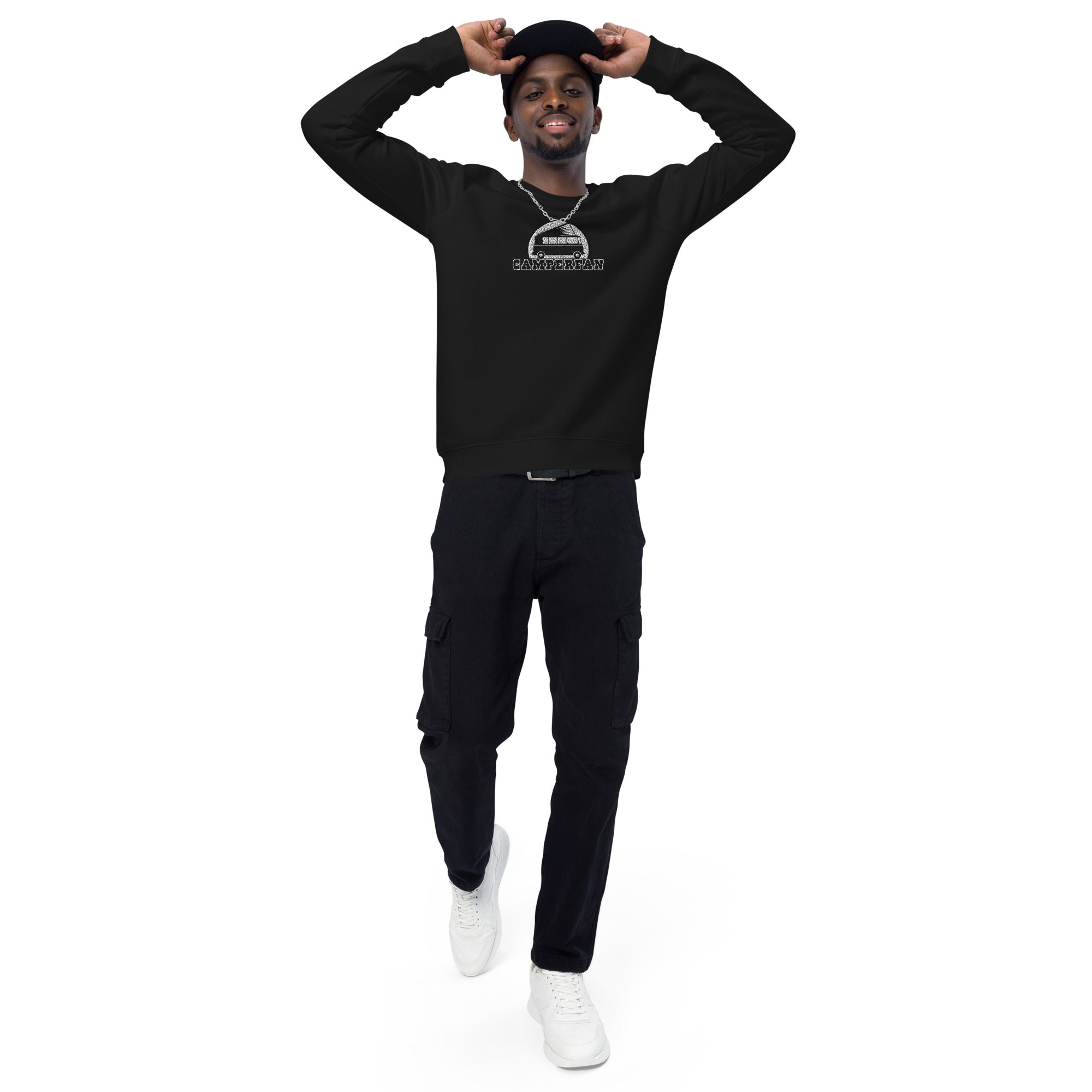 Unisex organic raglan sweatshirt Small Camperfan large black/white embroidered pattern