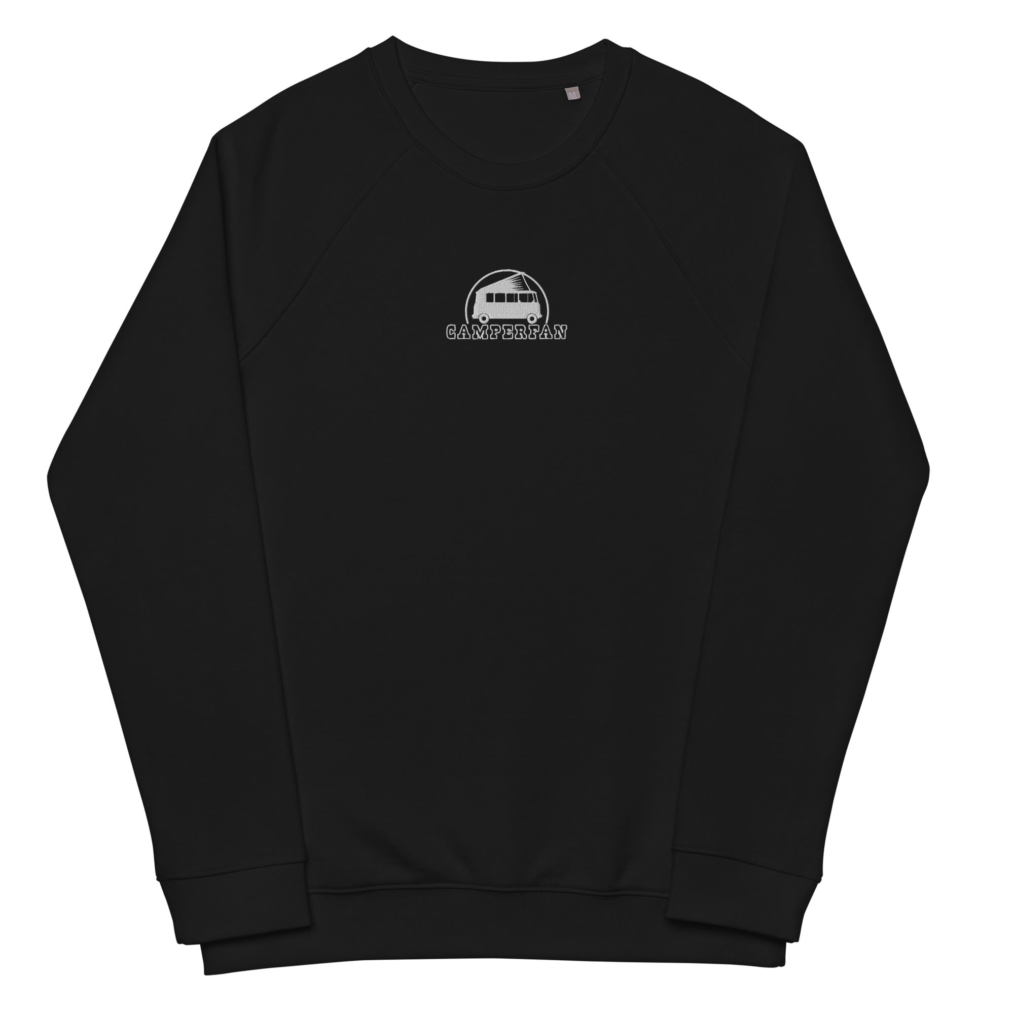 Unisex organic raglan sweatshirt Small Camperfan white embroidered pattern