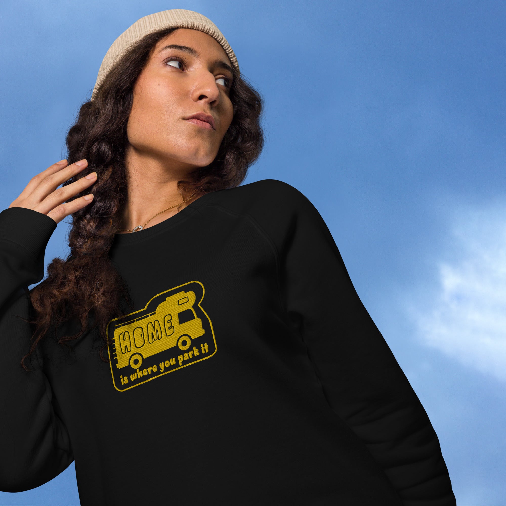 Unisex organic raglan sweatshirt Bold Camper Van Home is where you park it large gold embroidered pattern