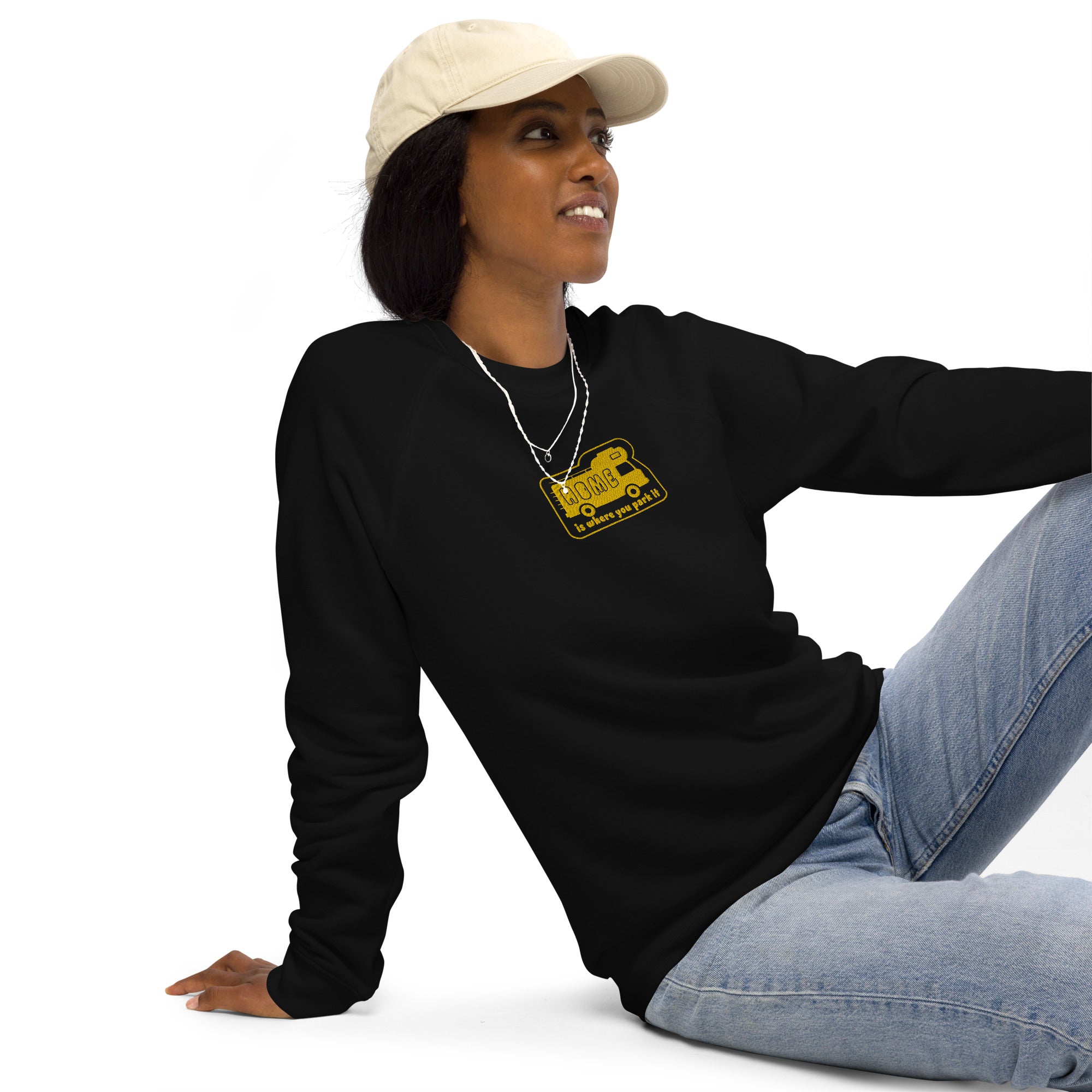 Unisex organic raglan sweatshirt Bold Camper Van Home is where you park it large gold embroidered pattern