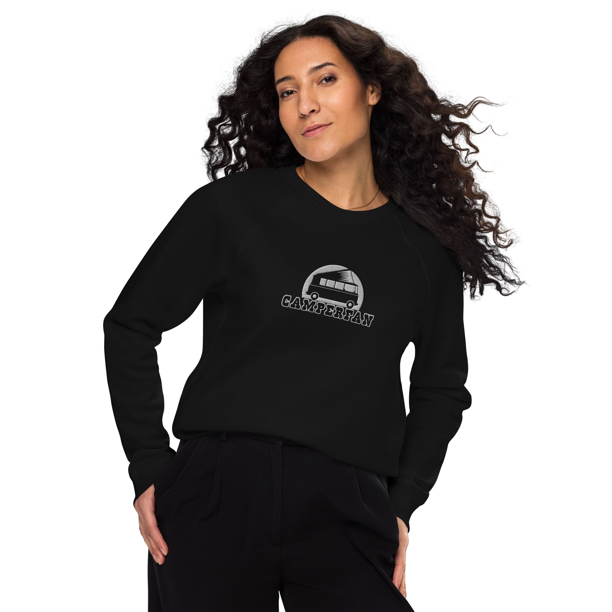Unisex organic raglan sweatshirt Small Camperfan large black/white embroidered pattern