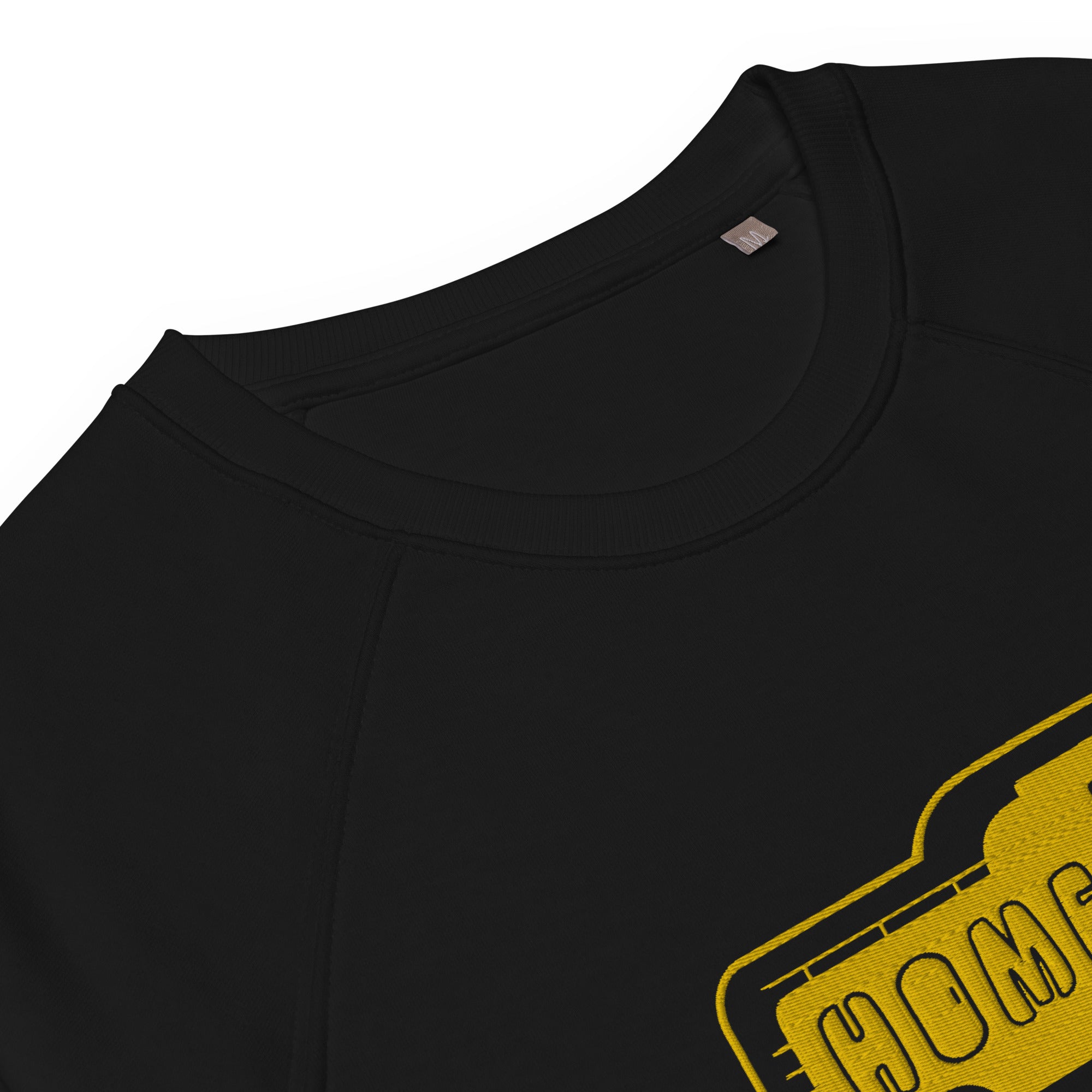 Unisex organic raglan sweatshirt Bold Camper Van Home is where you park it large gold embroidered pattern