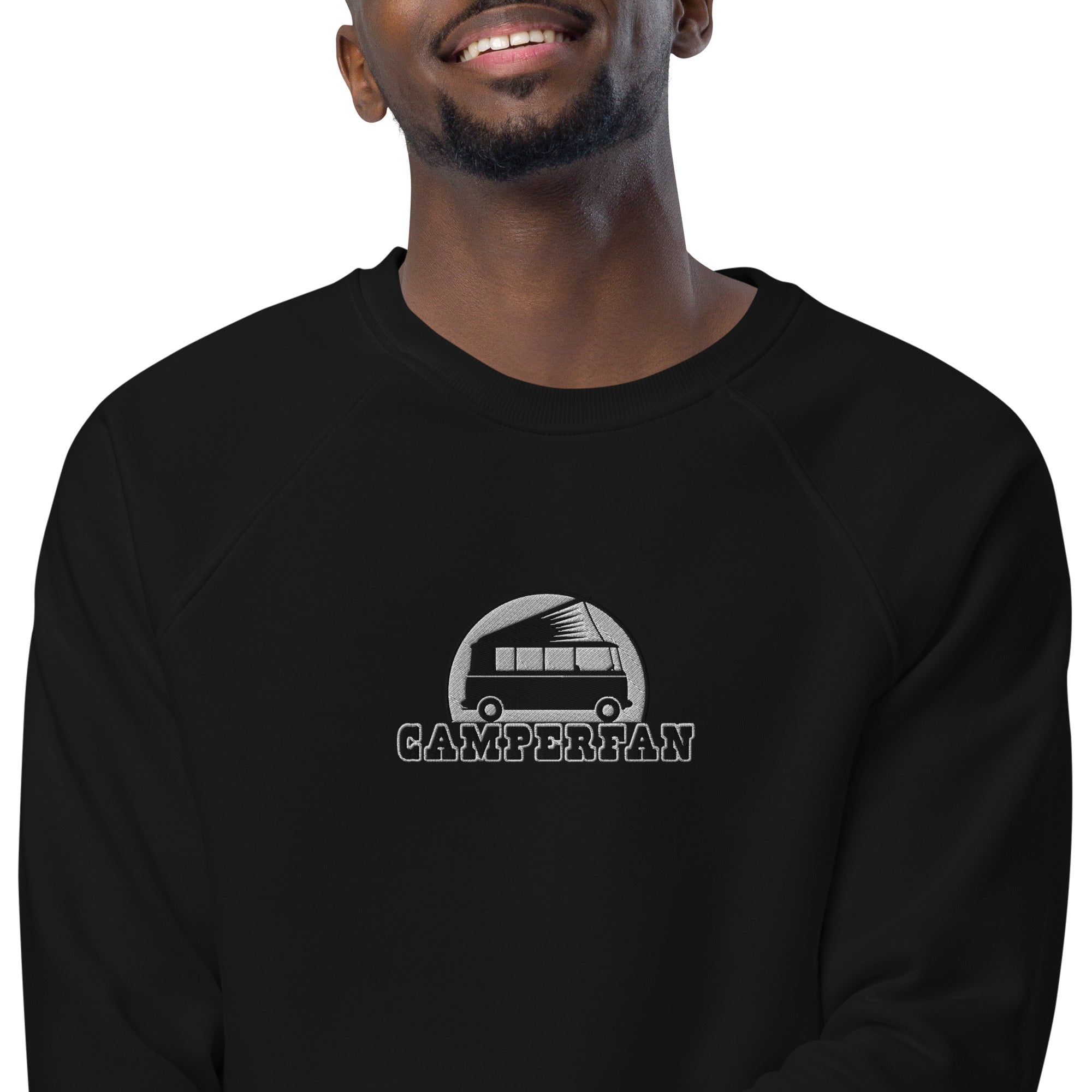 Unisex organic raglan sweatshirt Small Camperfan large black/white embroidered pattern