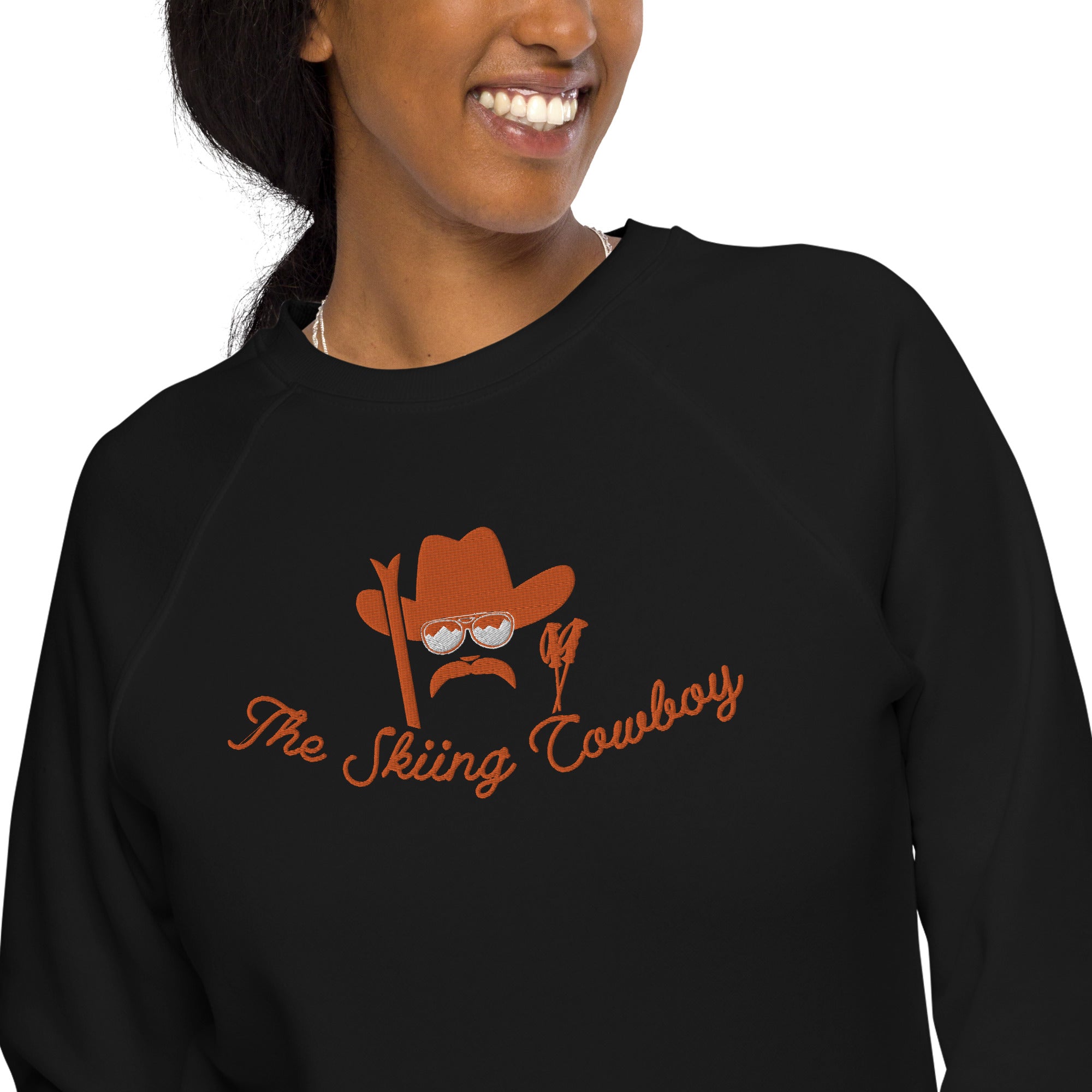 Sweatshirt écologique raglan unisexe Skiing Cowboy grand motif brodé & Ski Fight at OK Corral Outline (dos)