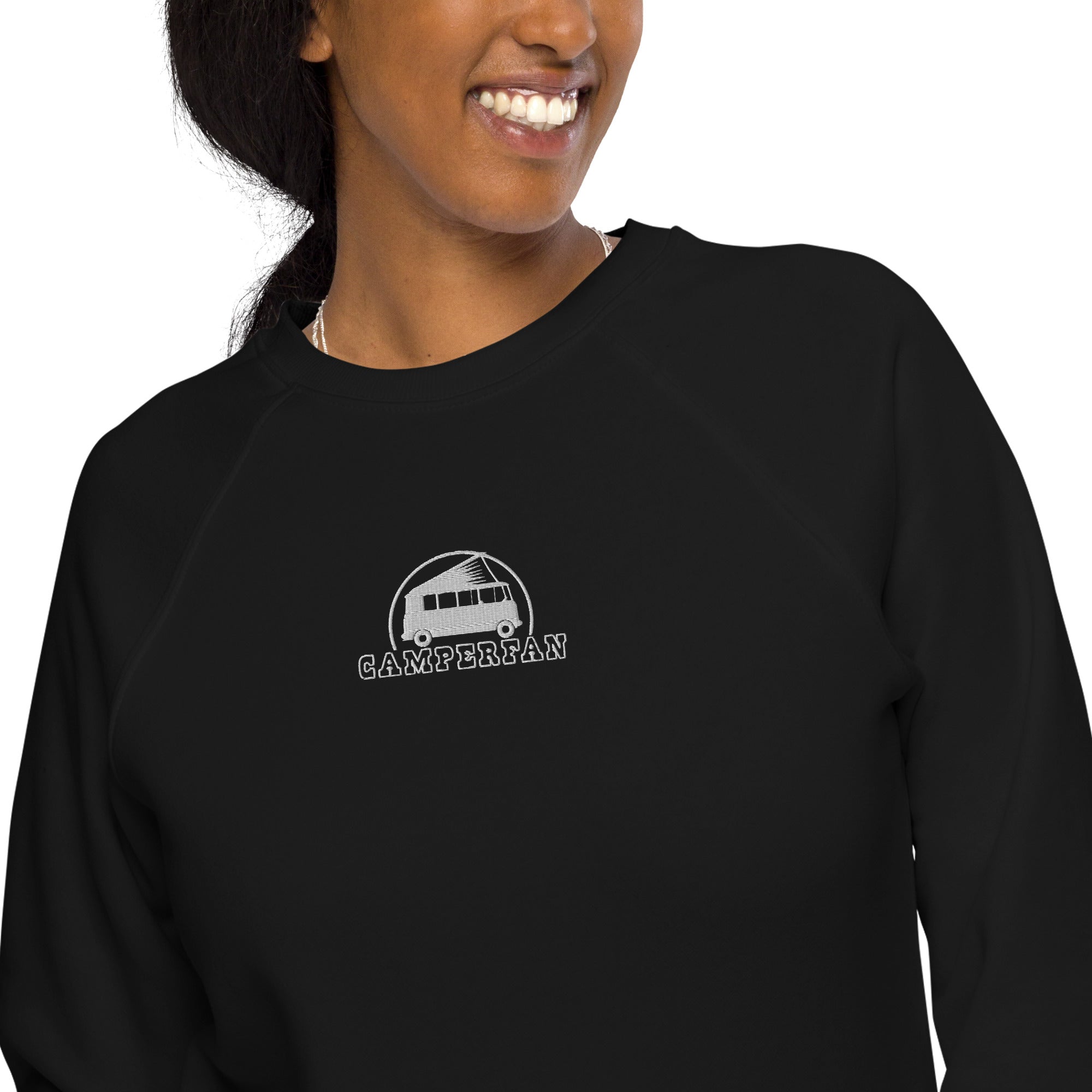 Unisex organic raglan sweatshirt Small Camperfan white embroidered pattern