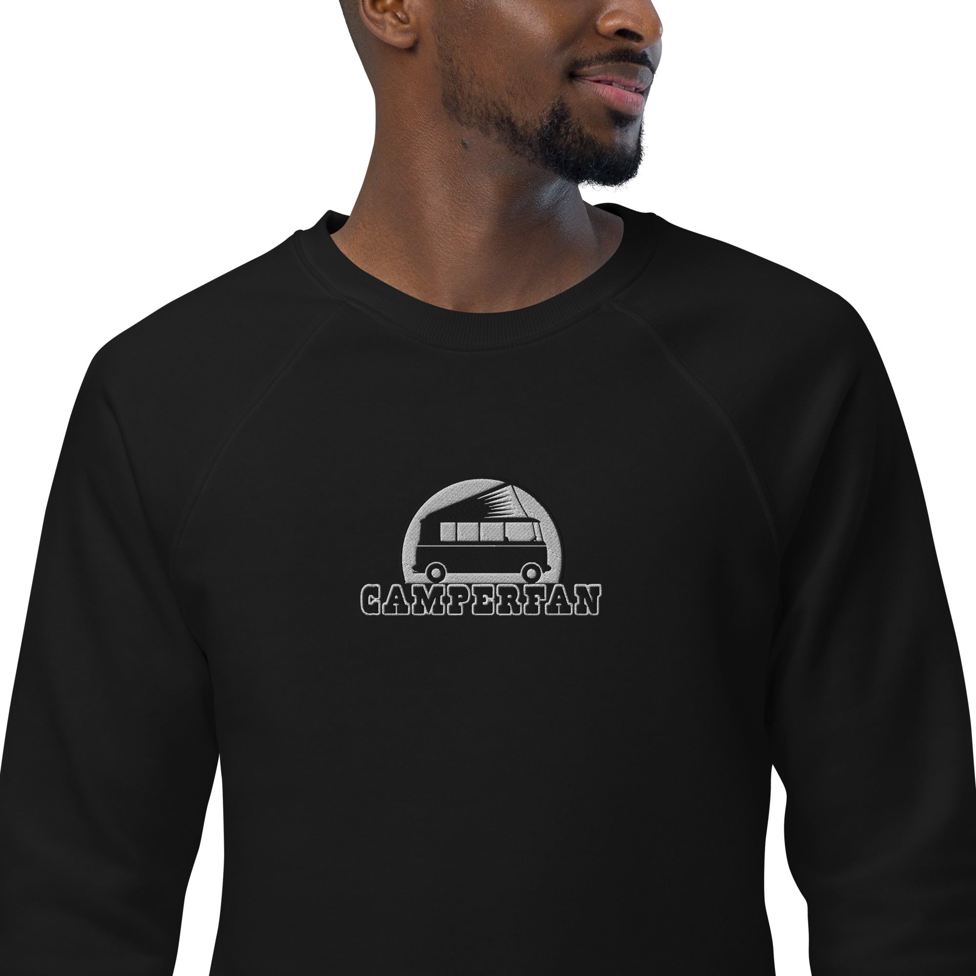 Unisex organic raglan sweatshirt Small Camperfan large black/white embroidered pattern