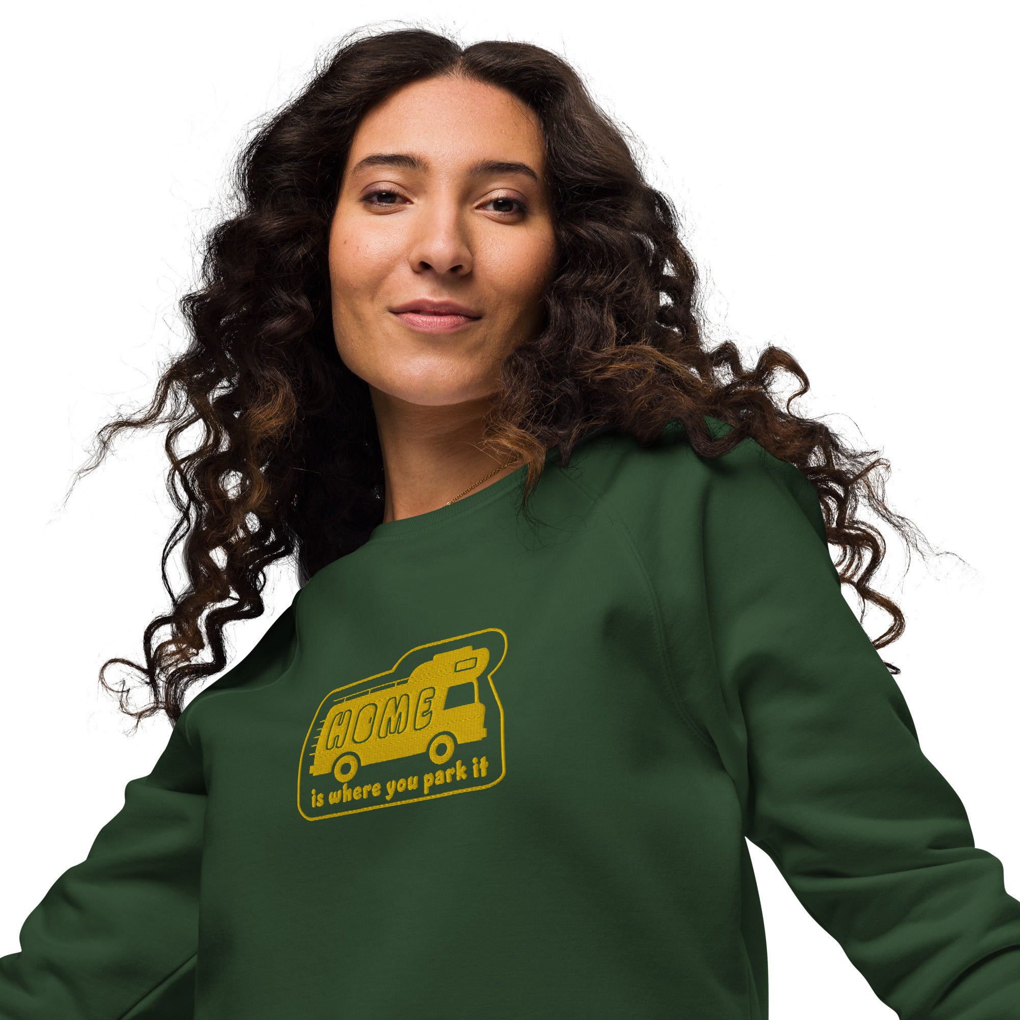Unisex organic raglan sweatshirt Bold Camper Van Home is where you park it large gold embroidered pattern
