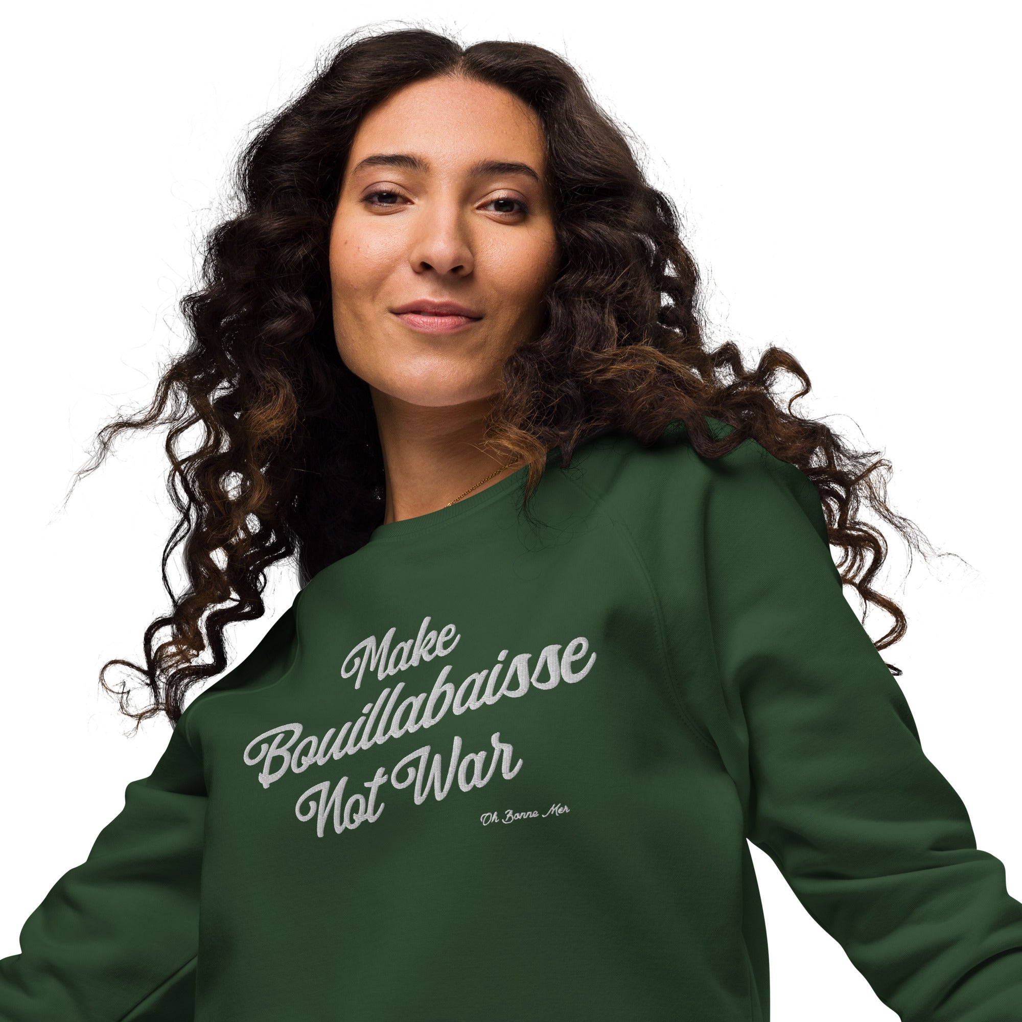 Sweatshirt écologique raglan unisexe Make Bouillabaisse Not War grand motif brodé blanc