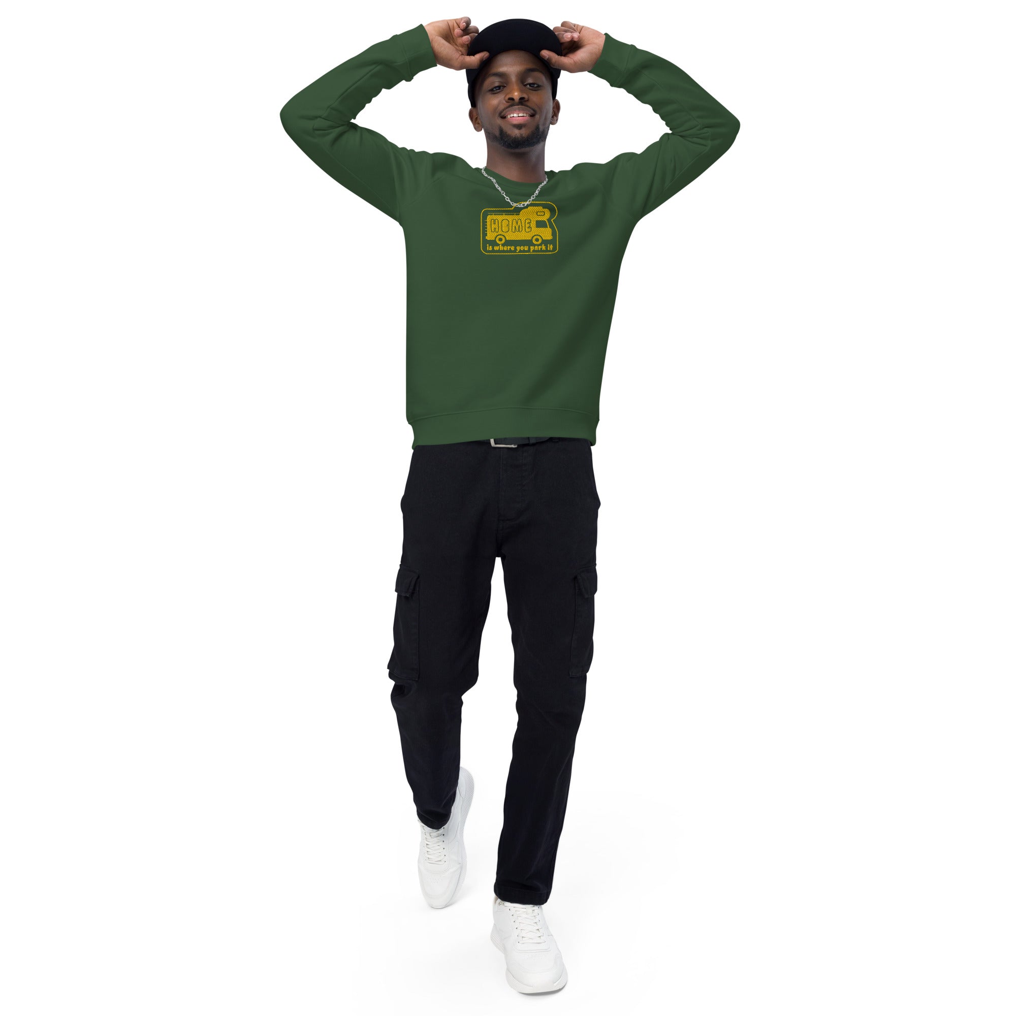 Unisex organic raglan sweatshirt Bold Camper Van Home is where you park it large gold embroidered pattern