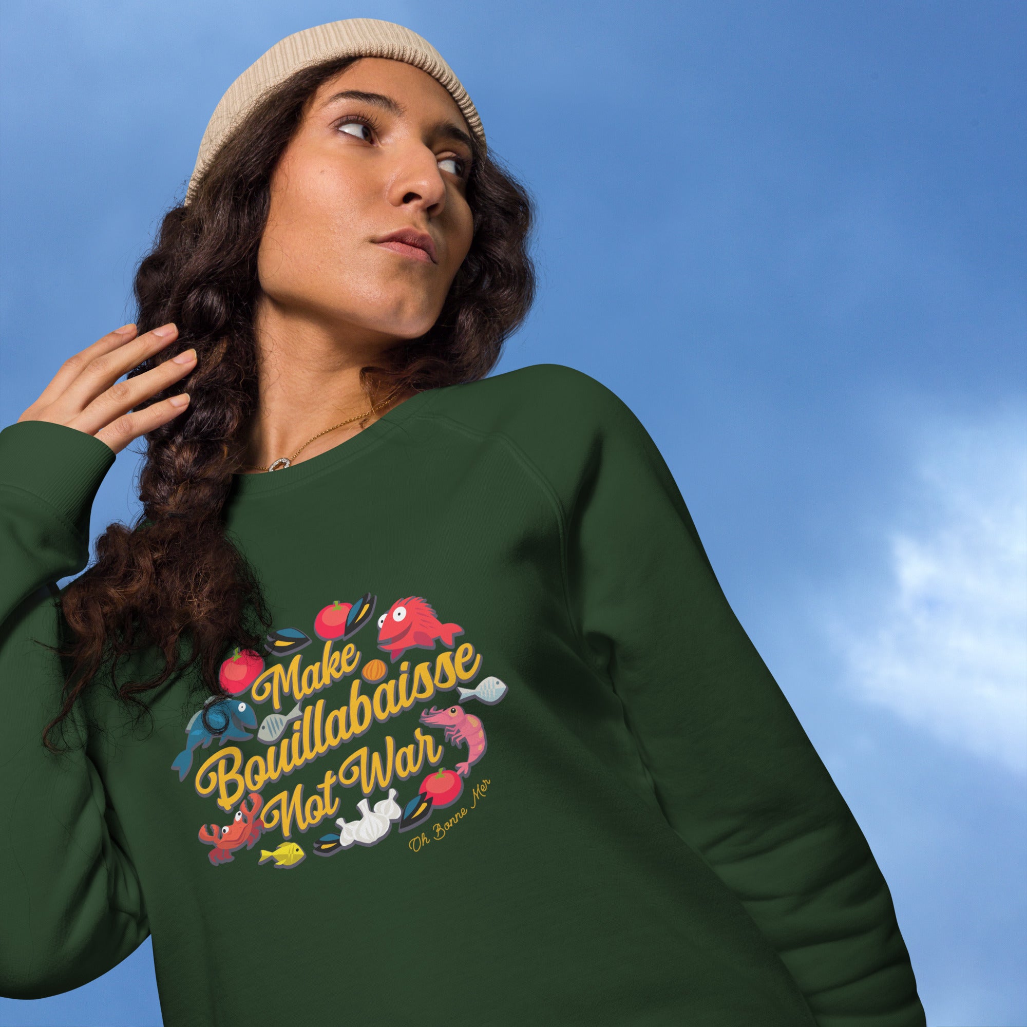 Sweatshirt écologique raglan unisexe Make Bouillabaisse Not War Oh Bonne Mer