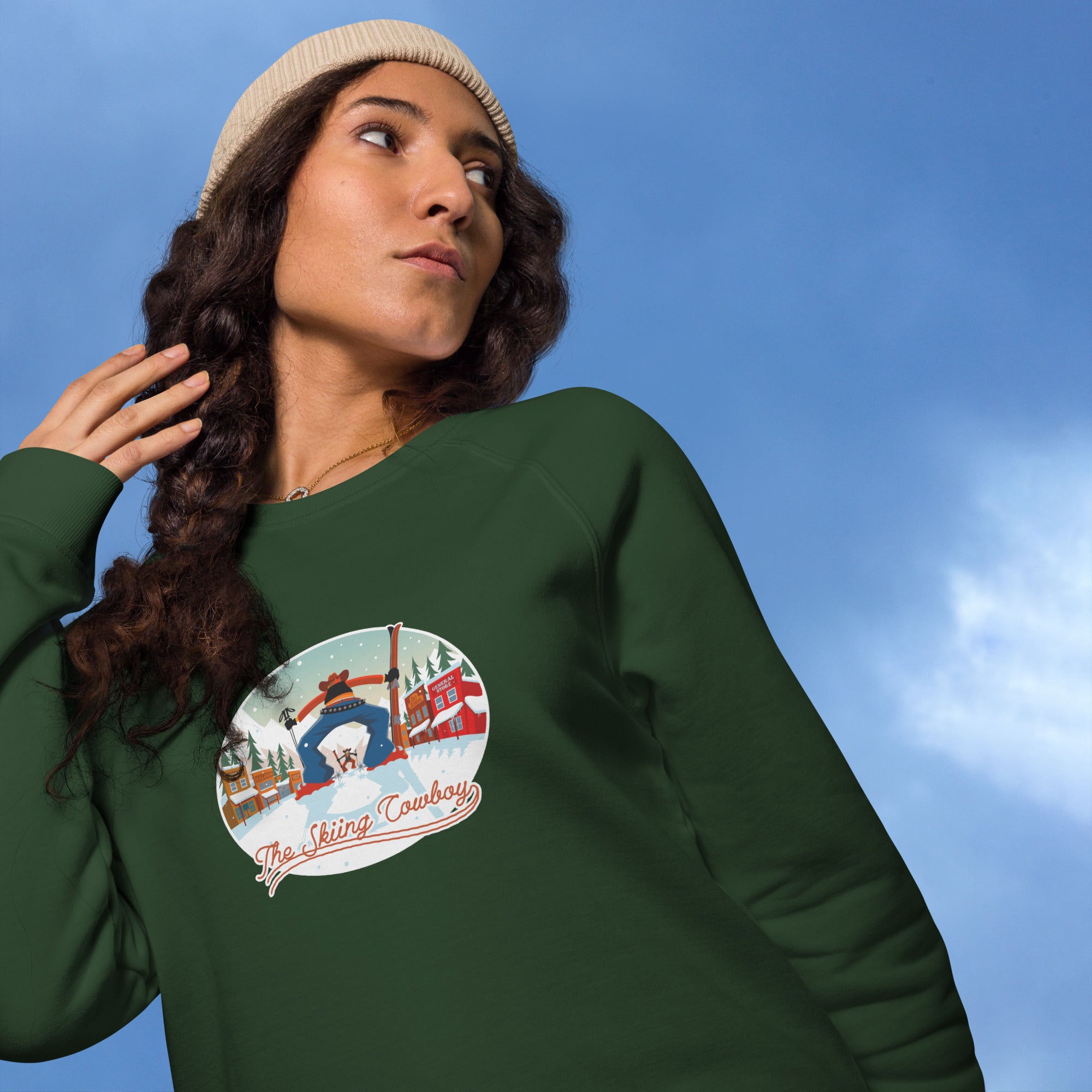 Sweatshirt écologique raglan unisexe Ski Fight at OK Corral (face & dos)