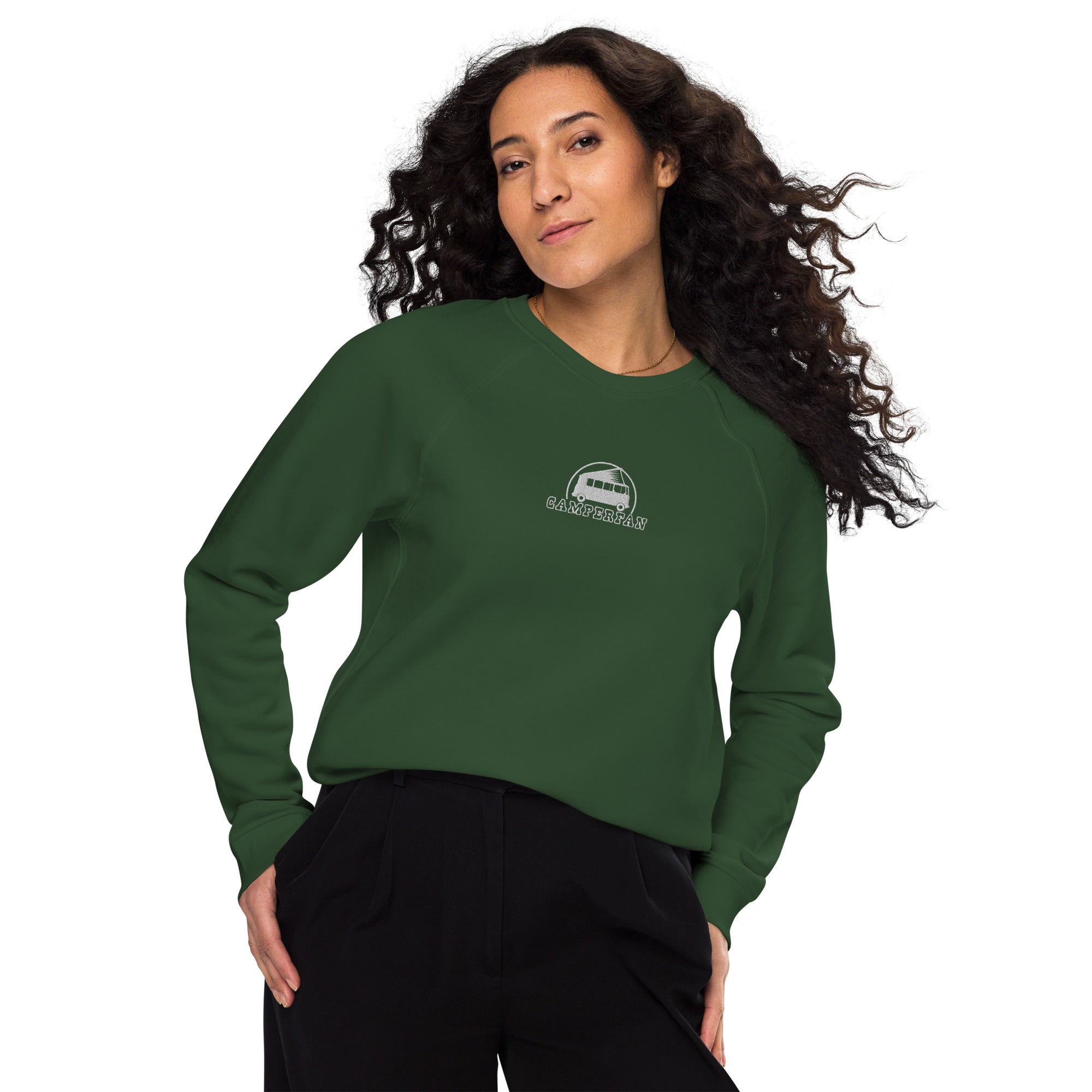 Unisex organic raglan sweatshirt Small Camperfan white embroidered pattern