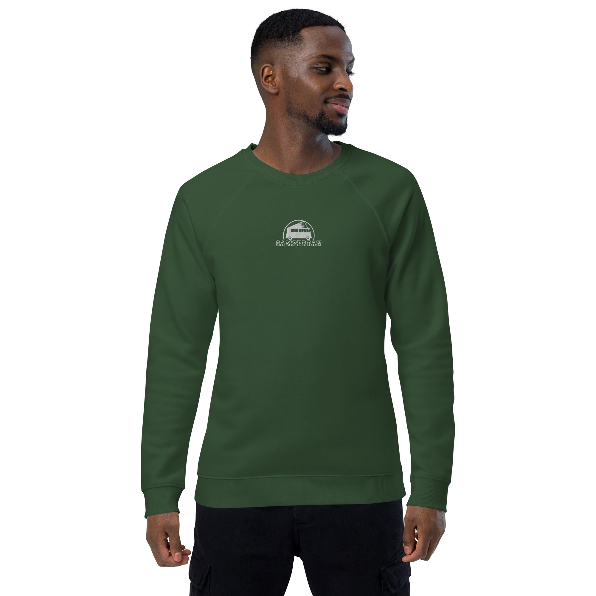 Unisex organic raglan sweatshirt Small Camperfan white embroidered pattern
