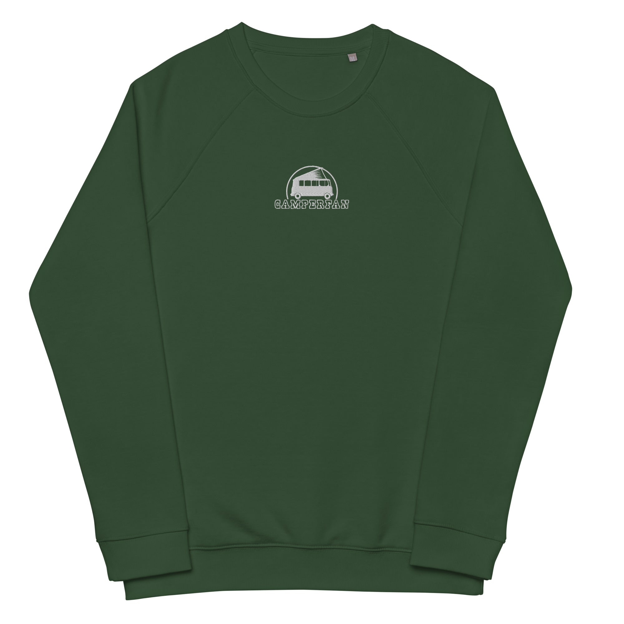 Unisex organic raglan sweatshirt Small Camperfan white embroidered pattern