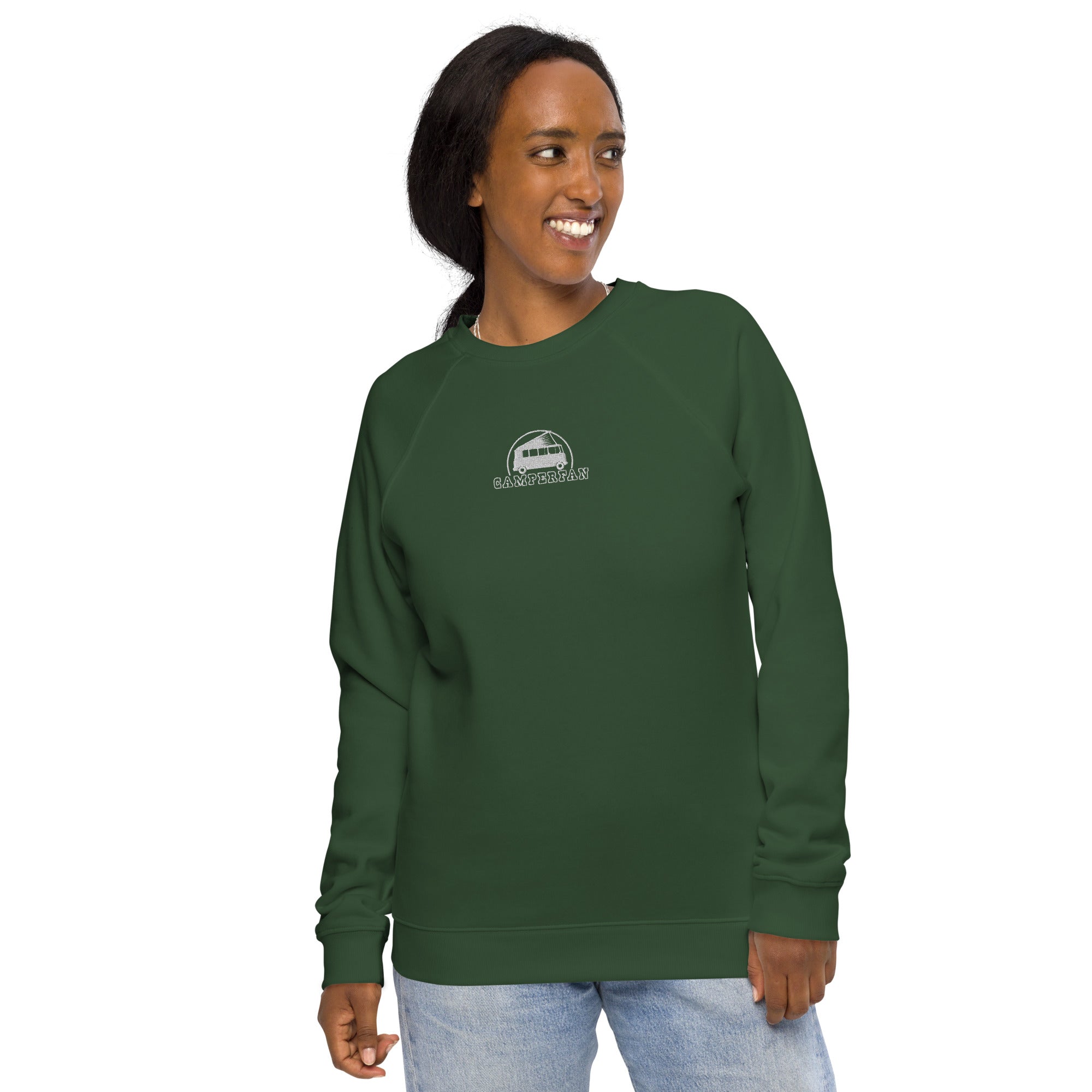 Unisex organic raglan sweatshirt Small Camperfan white embroidered pattern