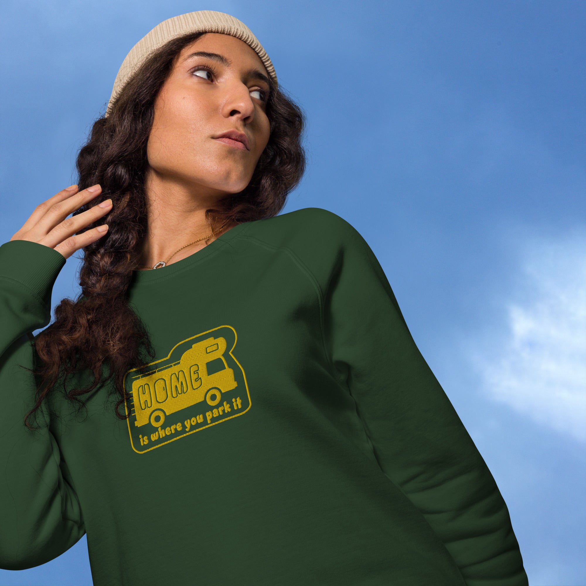 Unisex organic raglan sweatshirt Bold Camper Van Home is where you park it large gold embroidered pattern