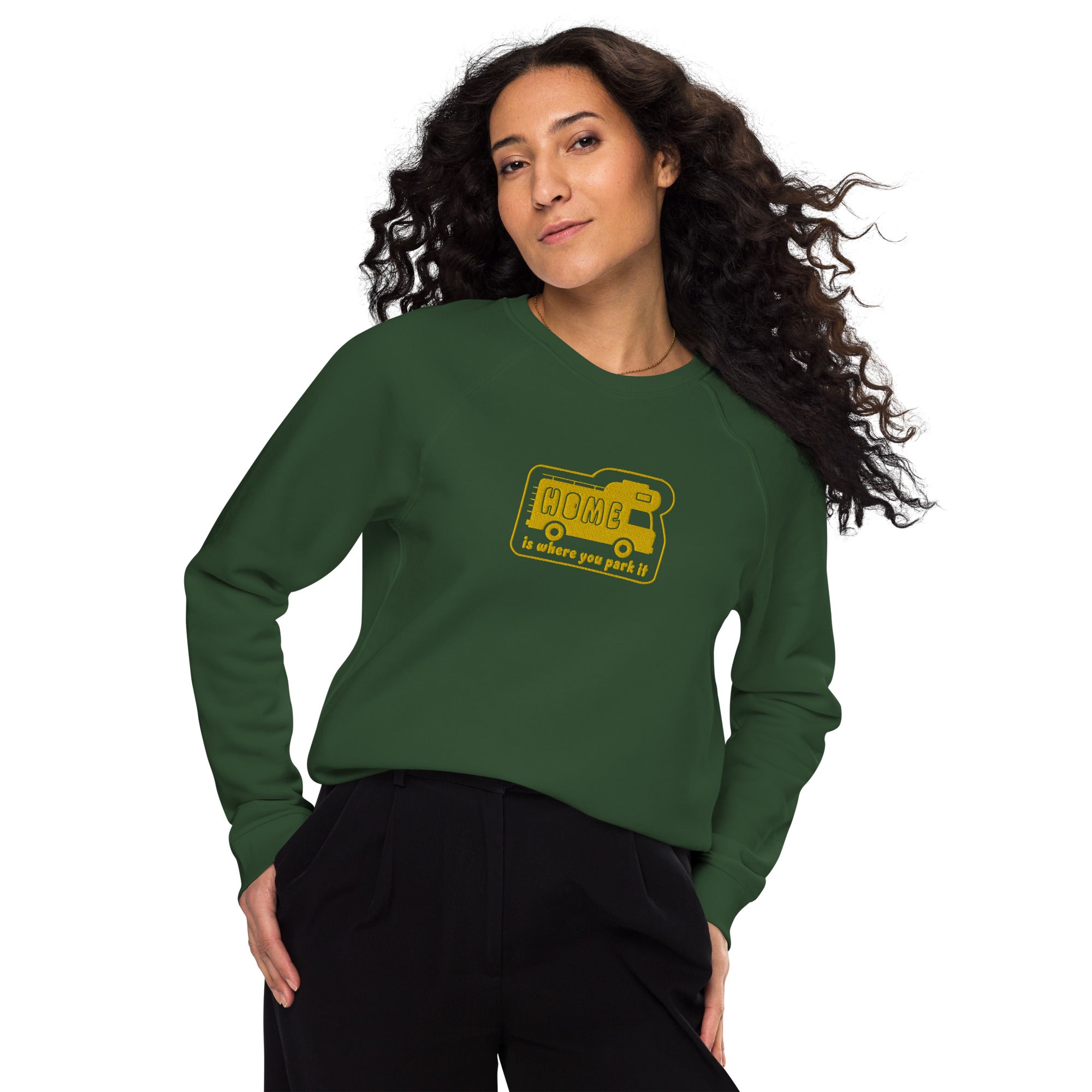 Unisex organic raglan sweatshirt Bold Camper Van Home is where you park it large gold embroidered pattern