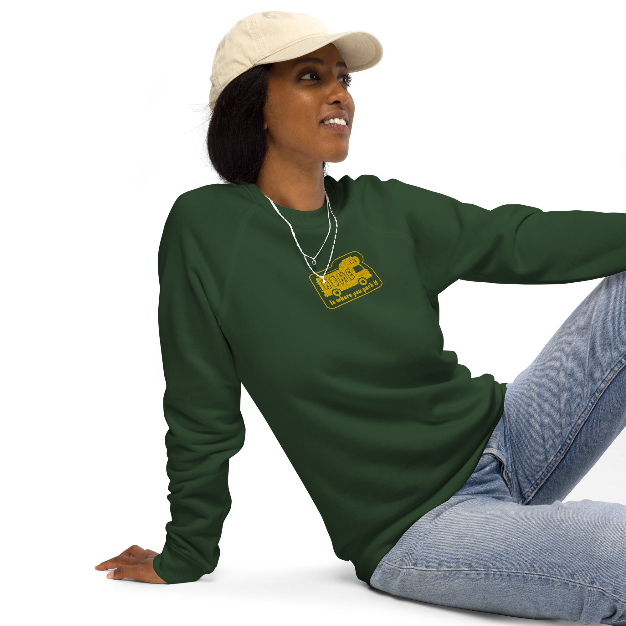 Unisex organic raglan sweatshirt Bold Camper Van Home is where you park it large gold embroidered pattern