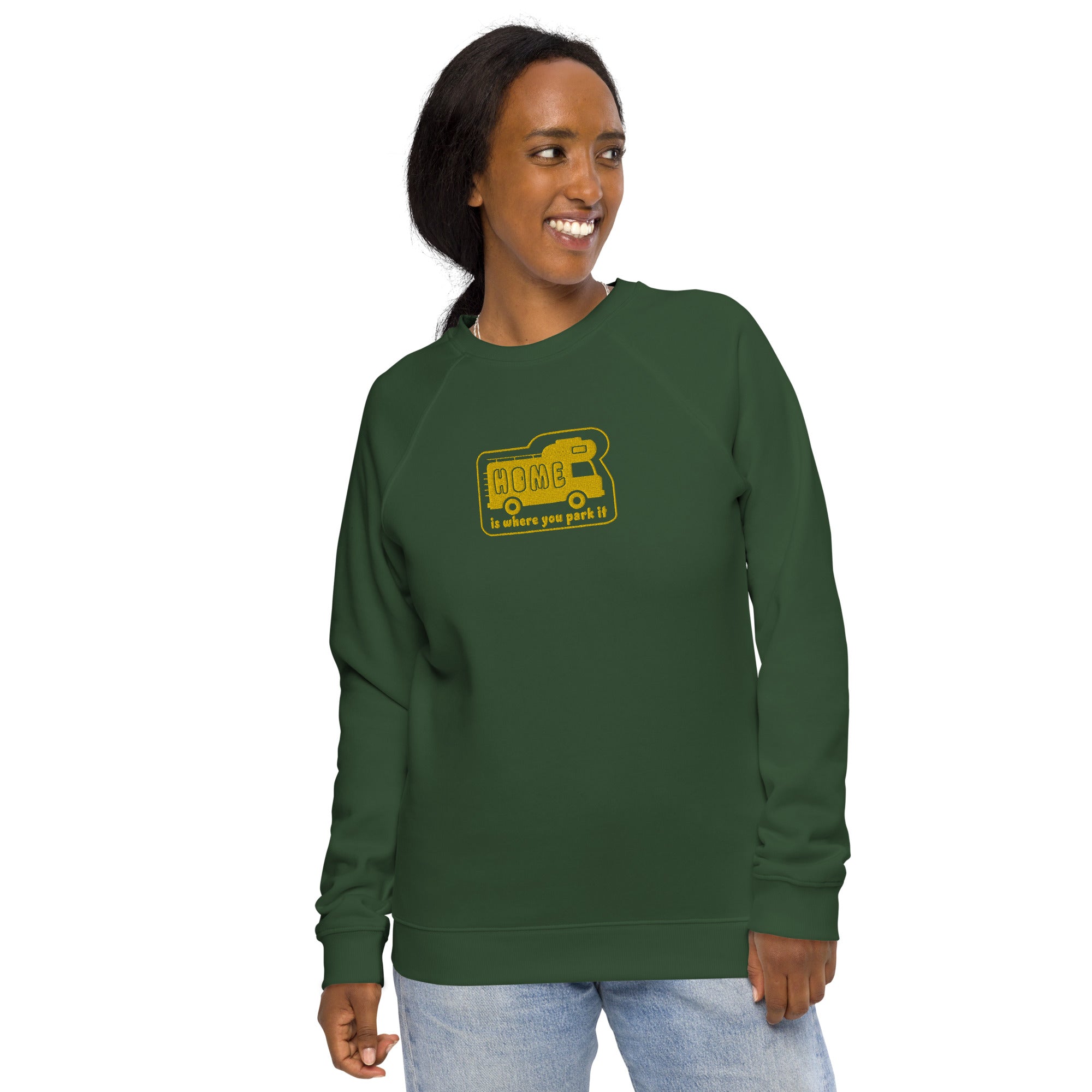 Unisex organic raglan sweatshirt Bold Camper Van Home is where you park it large gold embroidered pattern