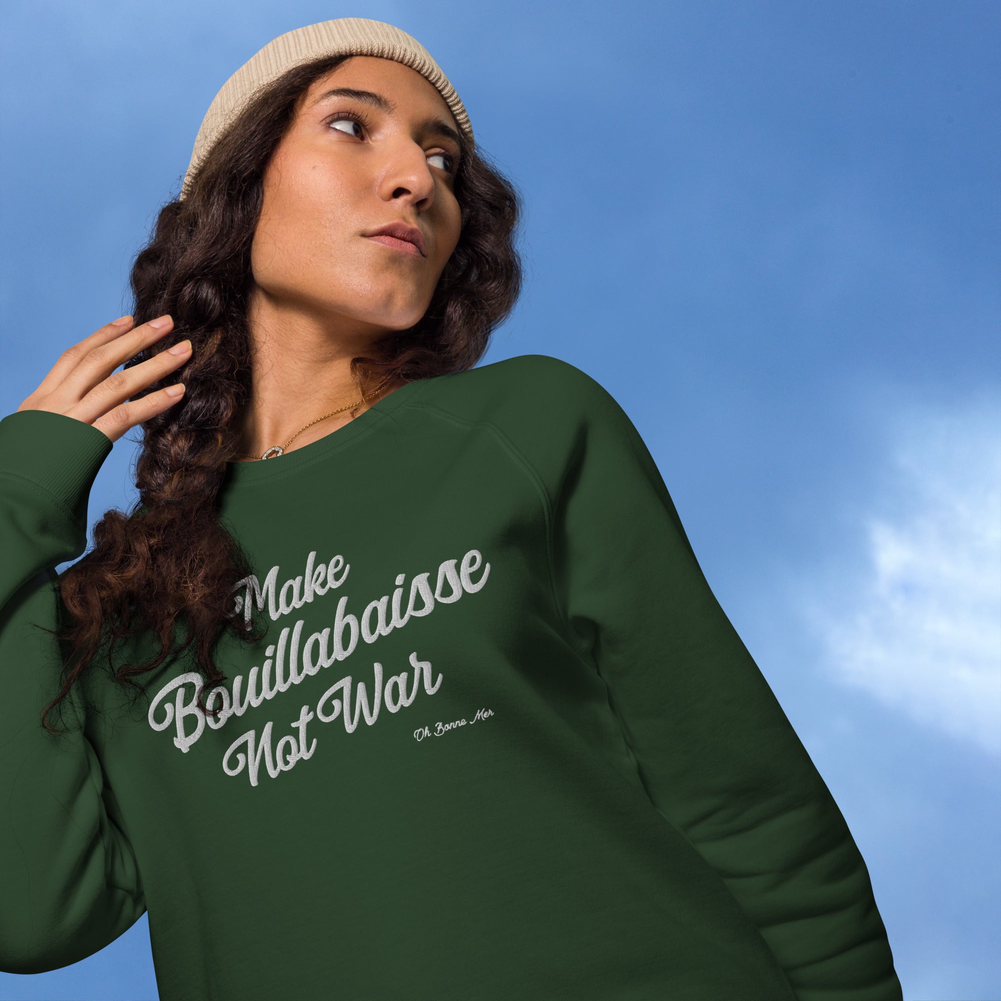 Sweatshirt écologique raglan unisexe Make Bouillabaisse Not War grand motif brodé blanc