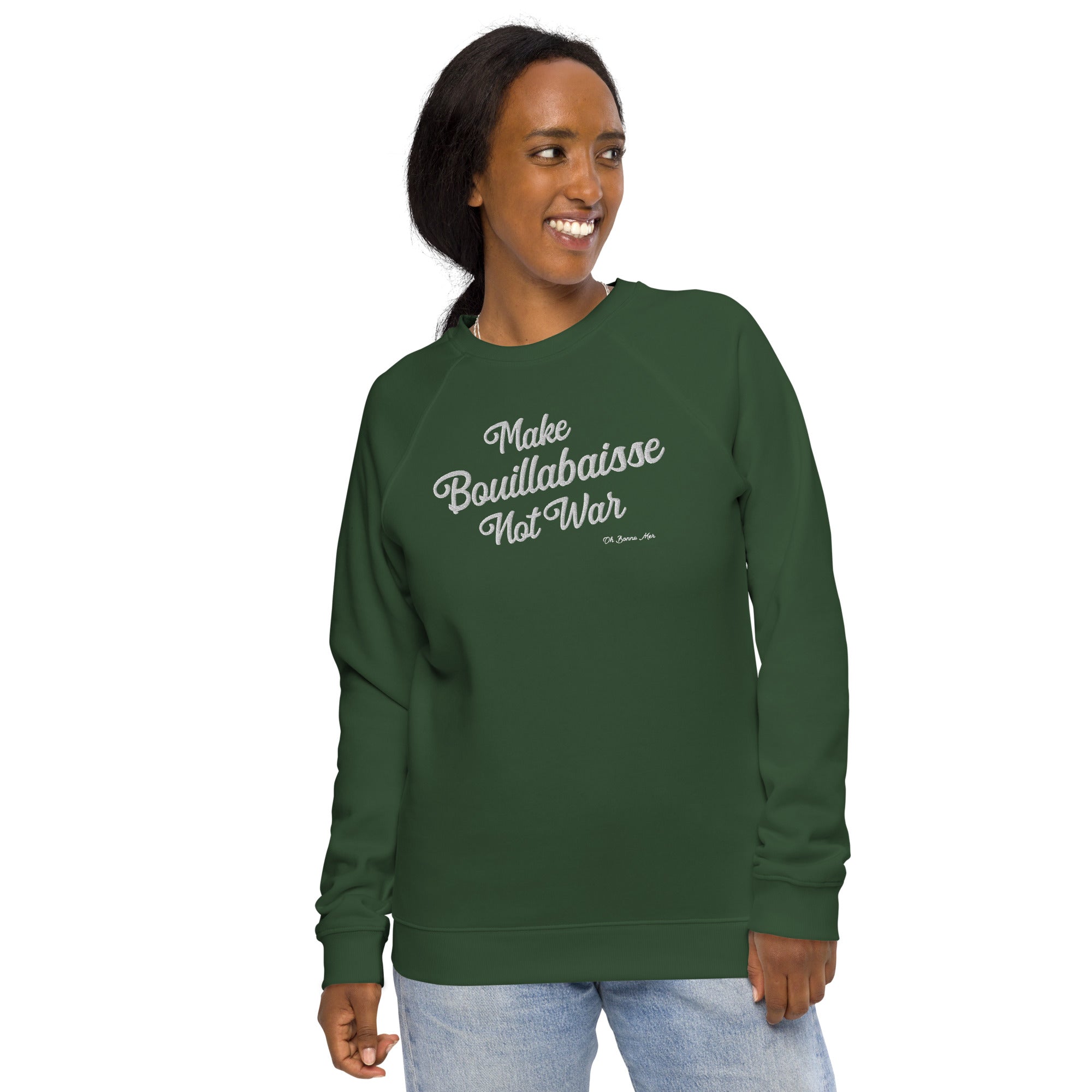 Sweatshirt écologique raglan unisexe Make Bouillabaisse Not War grand motif brodé blanc